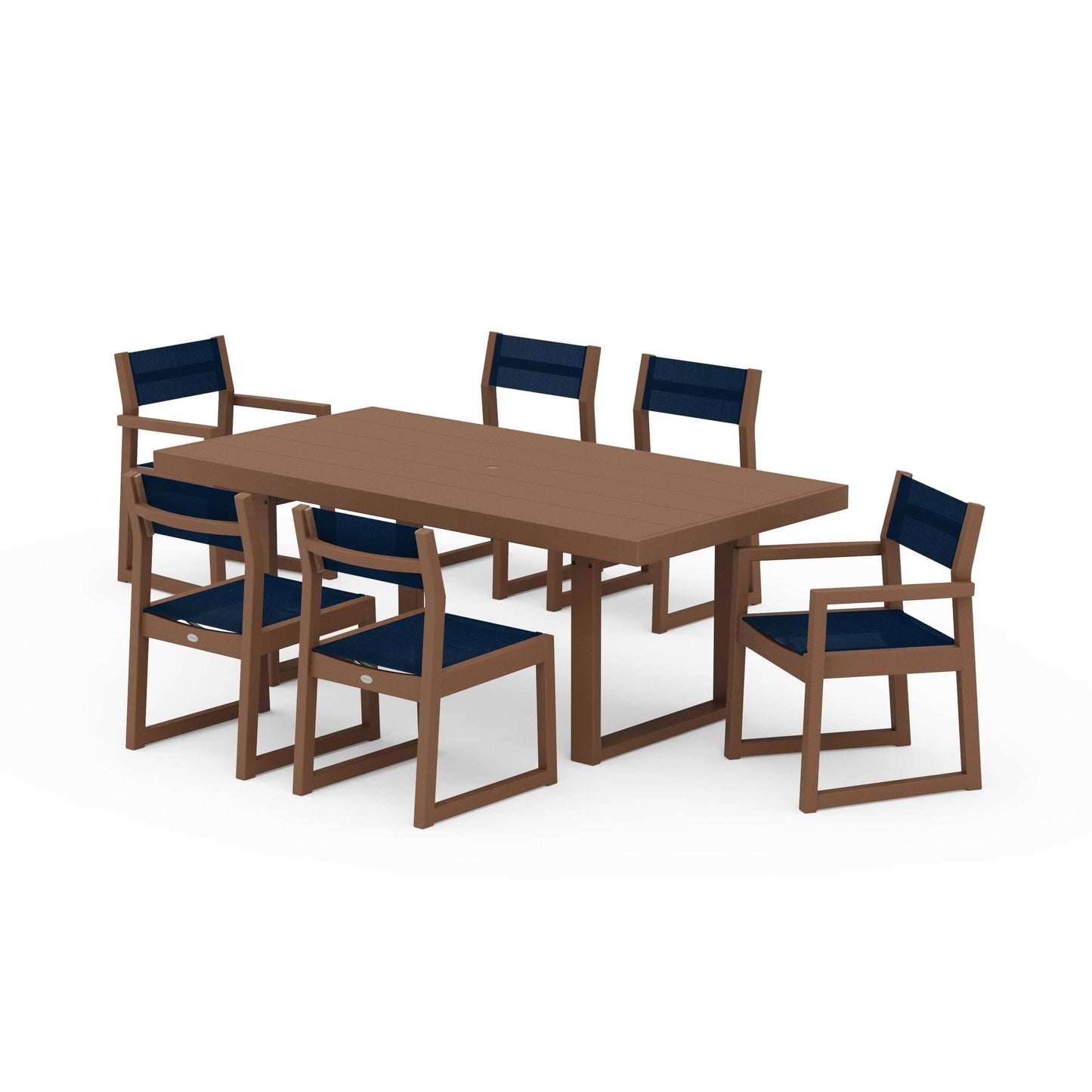 POLYWOOD EDGE Sling 7-Piece Dining Set — Teak / Navy Blue Sling