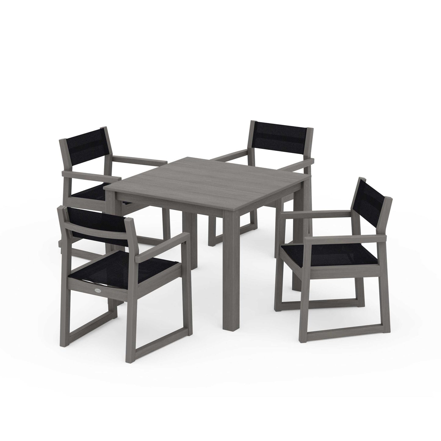 POLYWOOD EDGE Sling Arm Chair 5-Piece Parsons Dining Set — Driftwood / Black Sling