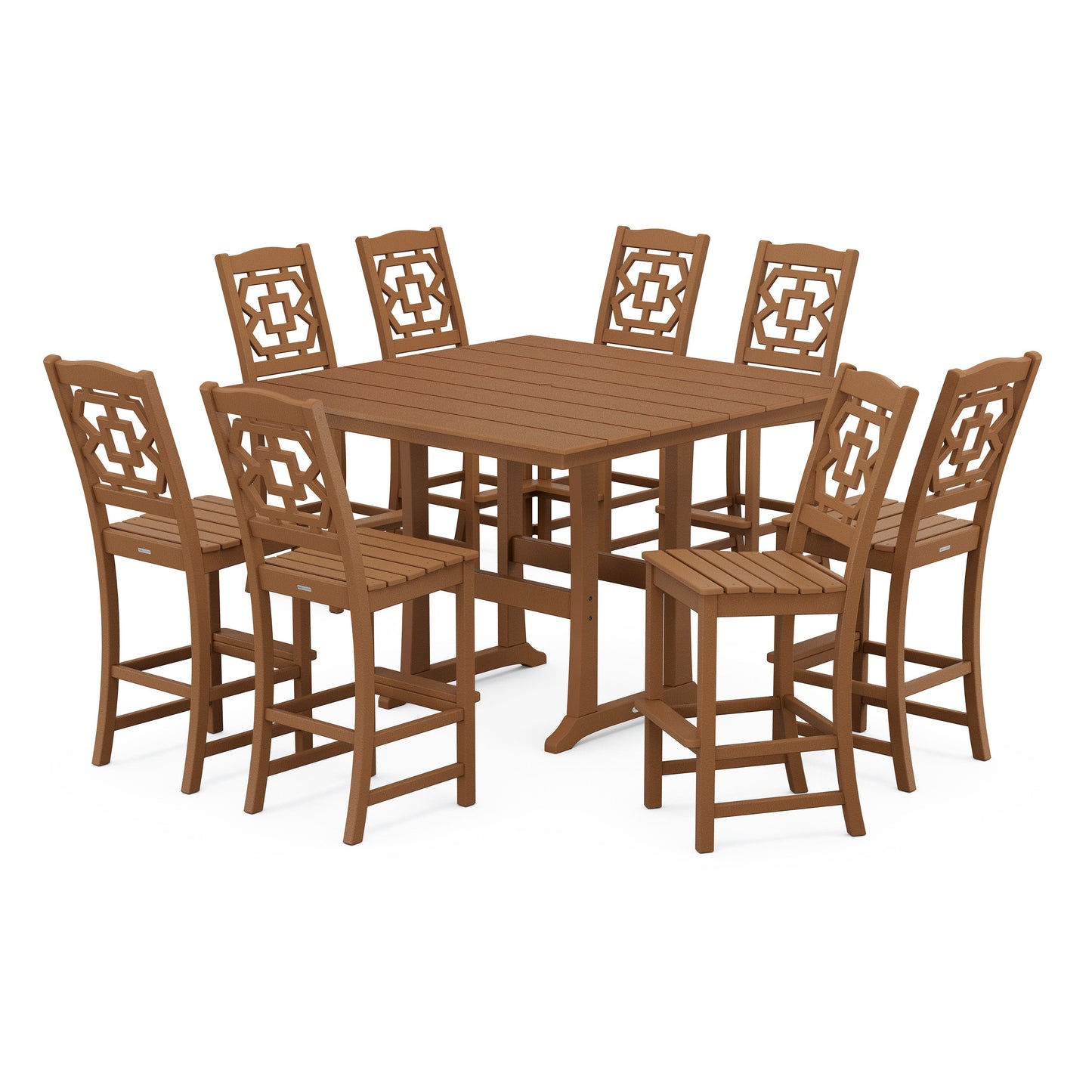 POLYWOOD Chinoiserie 9-Piece Square Farmhouse Side Chair Bar Set with Trestle Legs — Teak