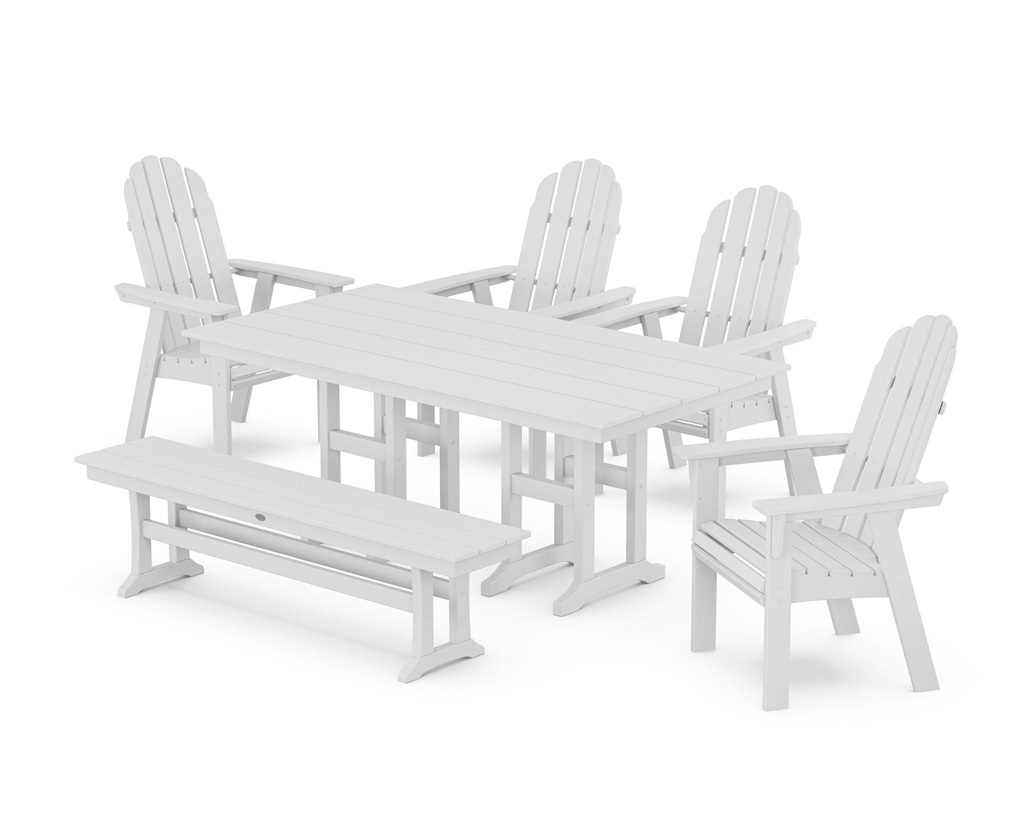 POLYWOOD Vineyard Curveback Adirondack Chair 6-Piece Farmhouse Dining Set with Bench — White