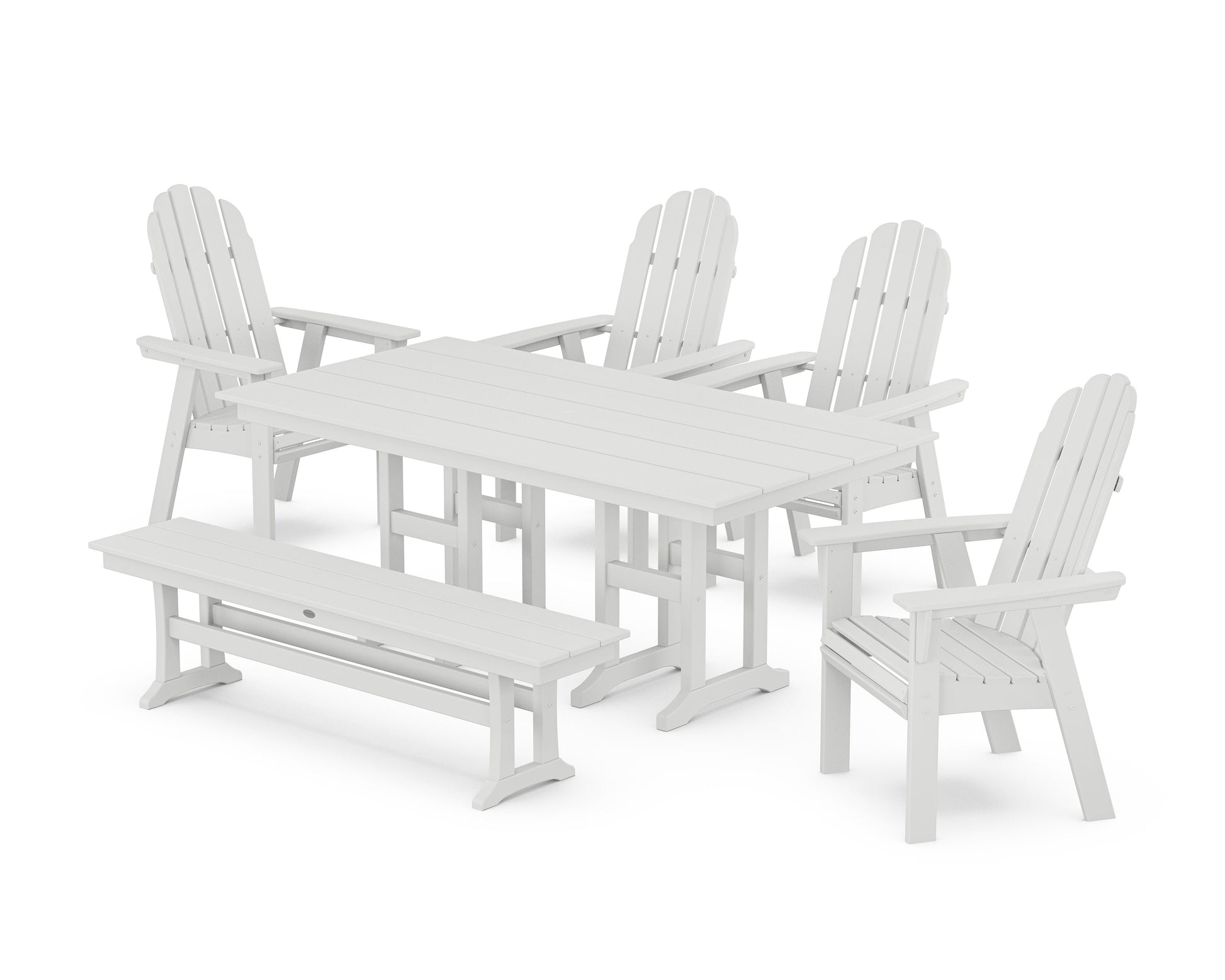 POLYWOOD Vineyard Curveback Adirondack Chair 6-Piece Farmhouse Dining Set with Bench — White