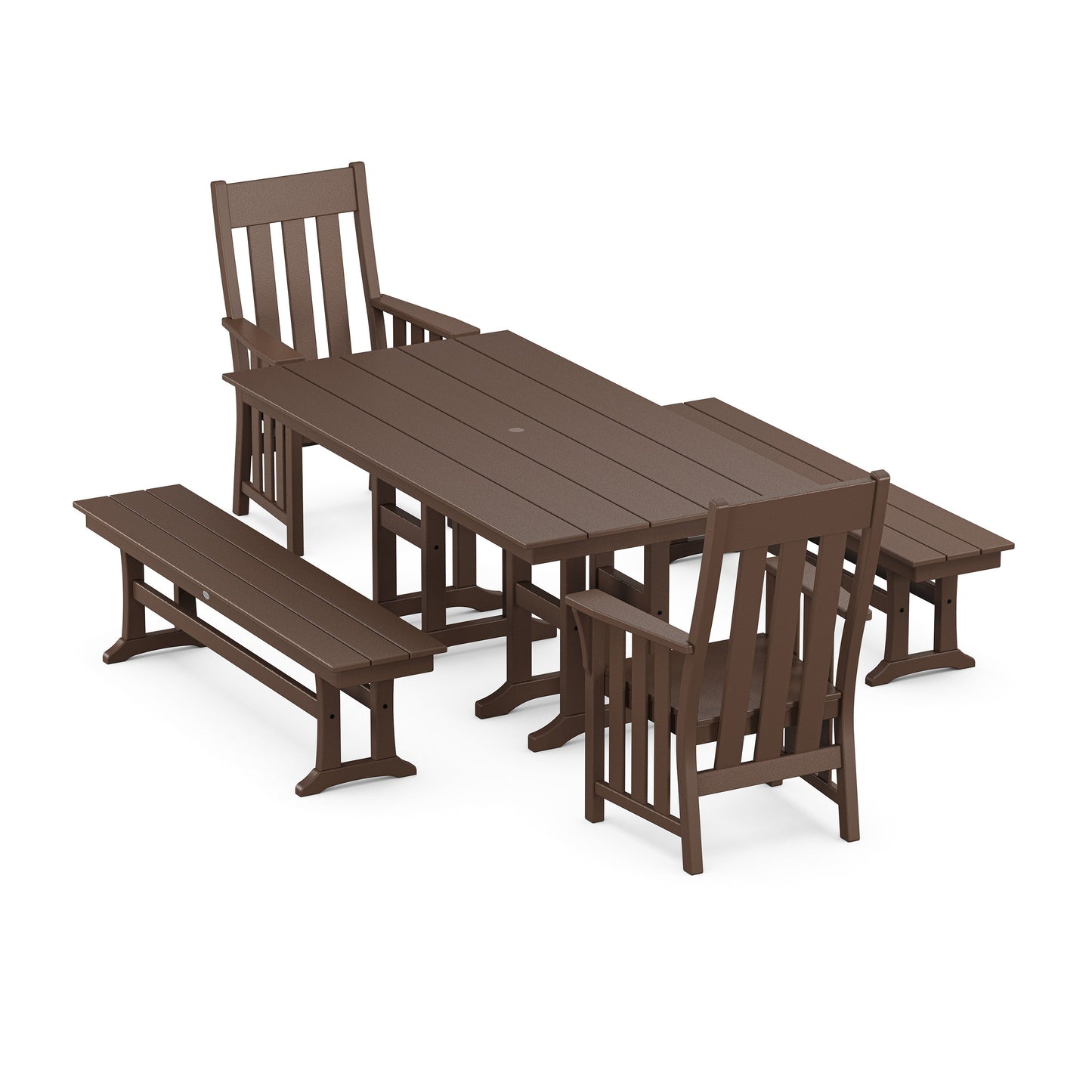 POLYWOOD Acadia 5-Piece Farmhouse Dining Set with Benches — Mahogany