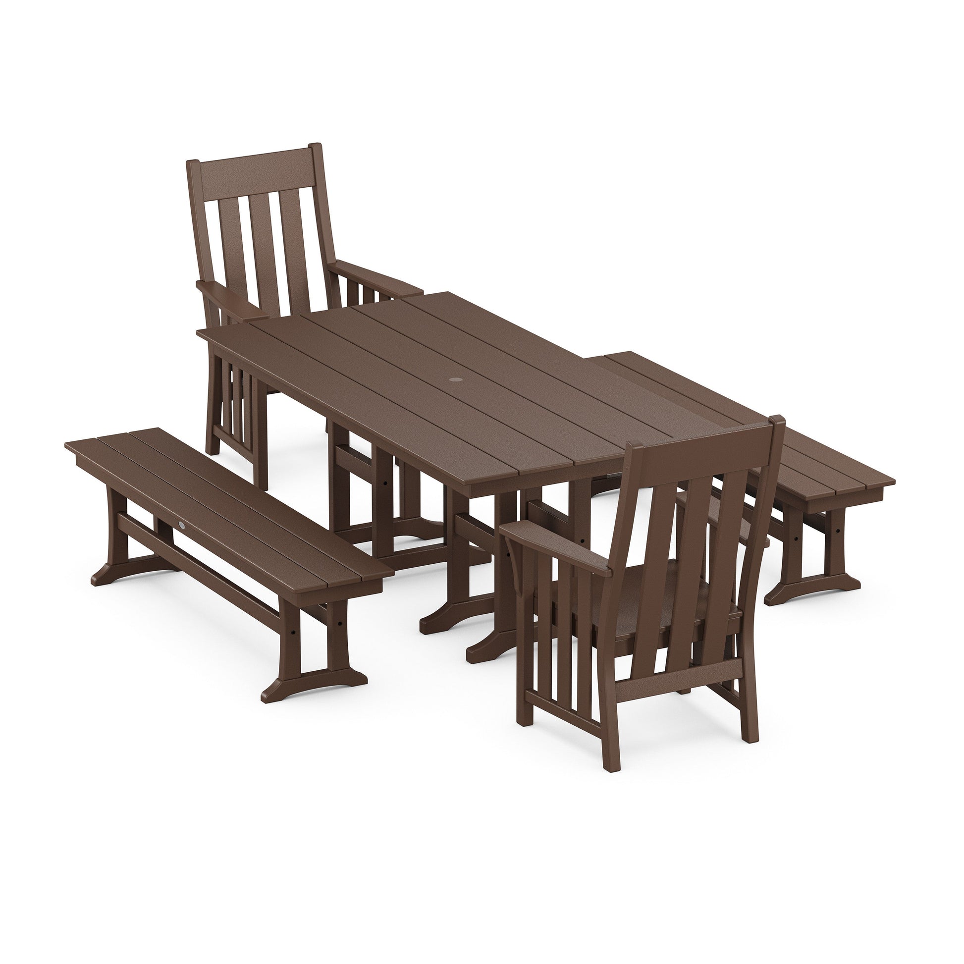 POLYWOOD Acadia 5-Piece Farmhouse Dining Set with Benches — Mahogany