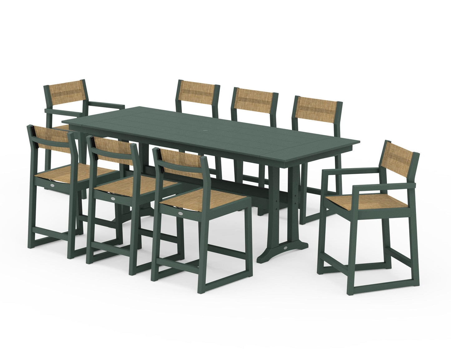 POLYWOOD EDGE Sling 9-Piece Farmhouse Counter Set with Trestle Legs — Green / Burlap Sling