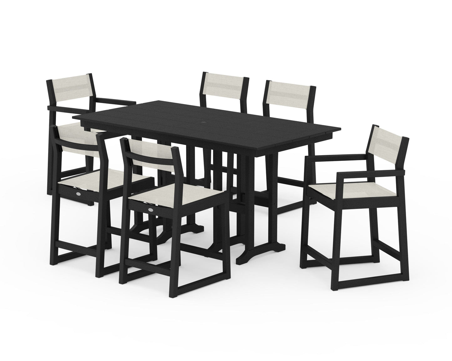 POLYWOOD EDGE Sling 7-Piece Farmhouse Counter Set with Trestle Legs — Black / Parchment Sling