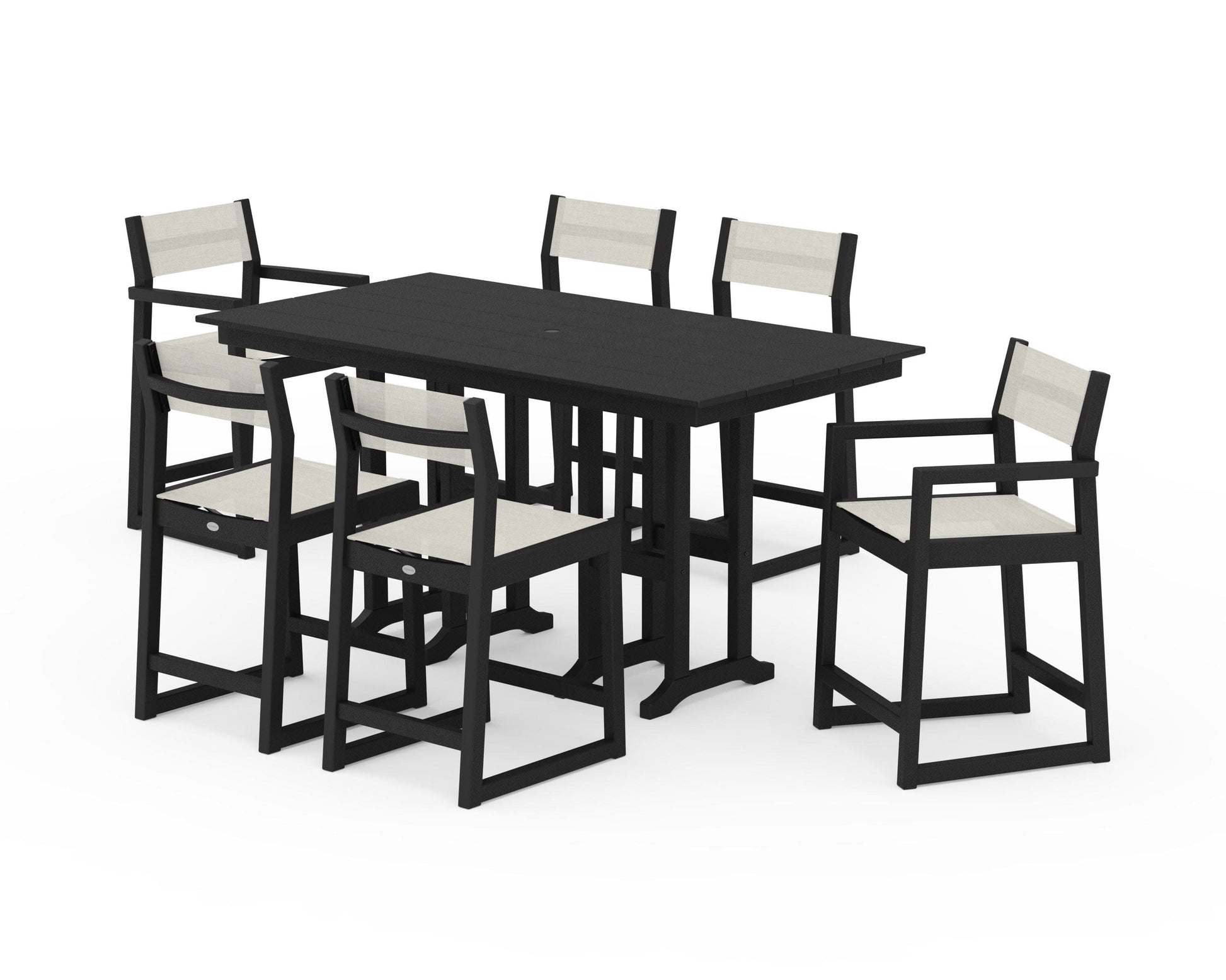 POLYWOOD EDGE Sling 7-Piece Farmhouse Counter Set with Trestle Legs — Black / Parchment Sling