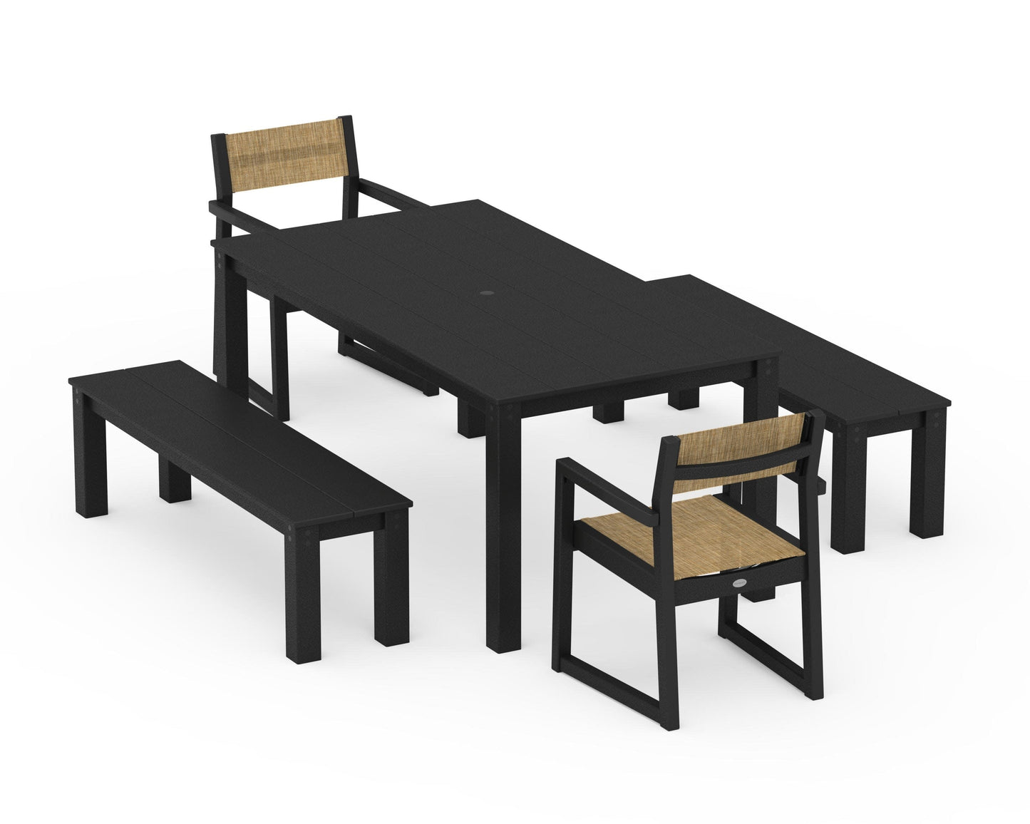 POLYWOOD EDGE Sling Arm Chair 5-Piece Parsons Dining Set with Benches — Black / Burlap Sling