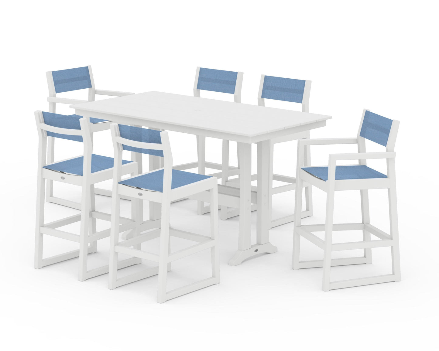 POLYWOOD EDGE Sling 7-Piece Farmhouse Bar Set with Trestle Legs — White / Poolside Sling