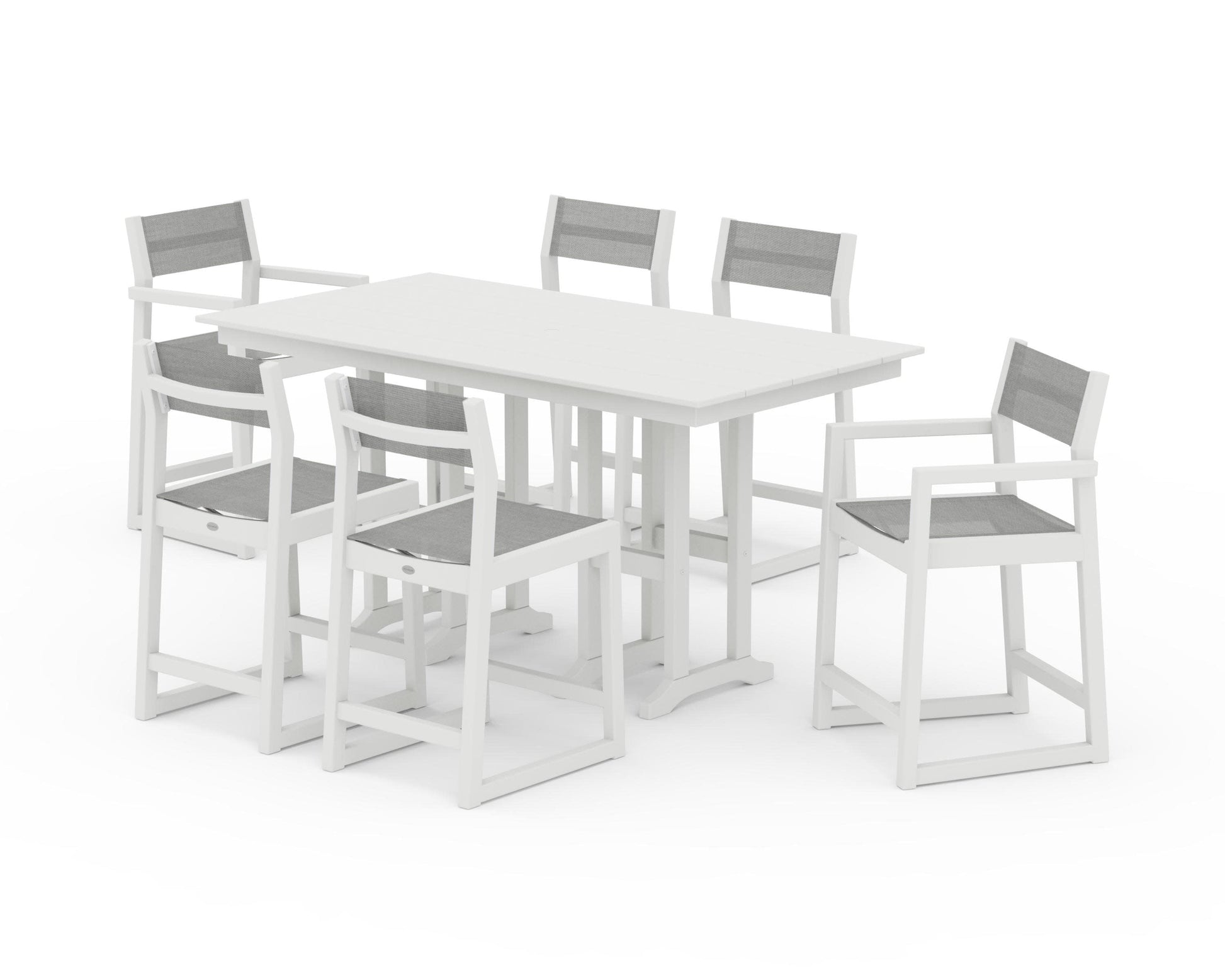 POLYWOOD EDGE Sling 7-Piece Farmhouse Counter Set with Trestle Legs — Vintage White / Metallic Sling