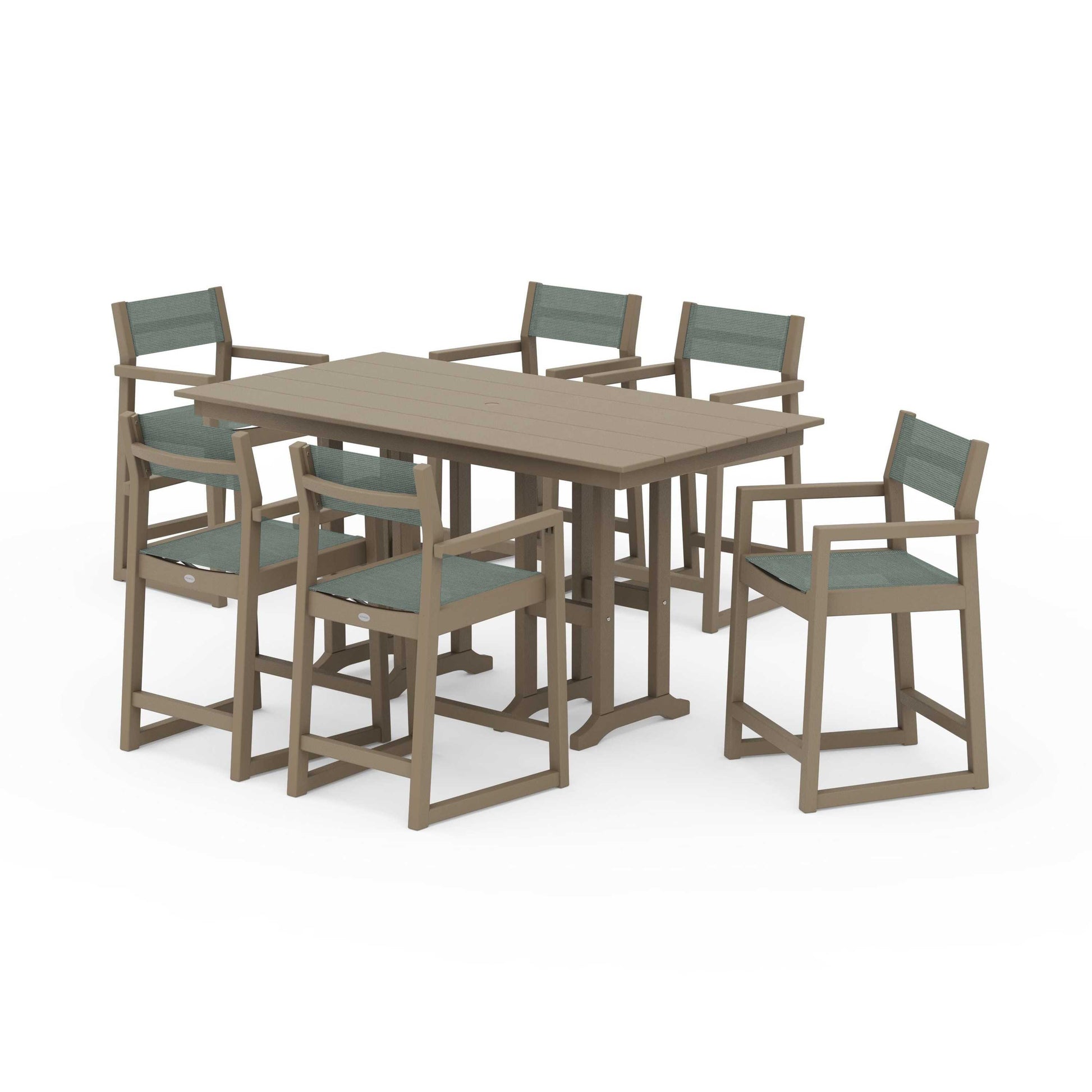 POLYWOOD EDGE Sling Arm Chair 7-Piece Farmhouse Counter Set — Vintage Sahara / Dupioni Sea Mist Sling
