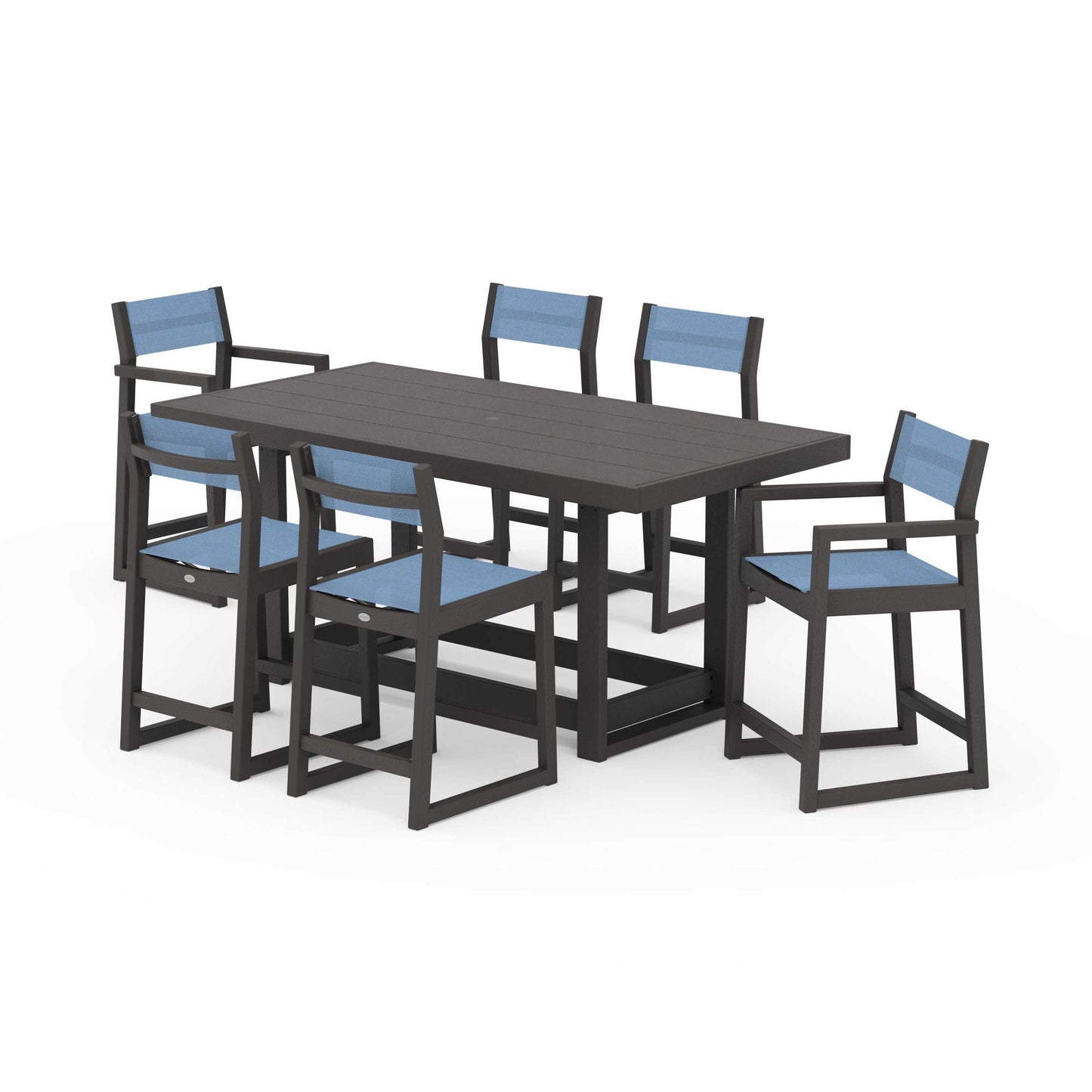 POLYWOOD EDGE Sling 7-Piece Counter Table Set — Vintage Coffee / Poolside Sling