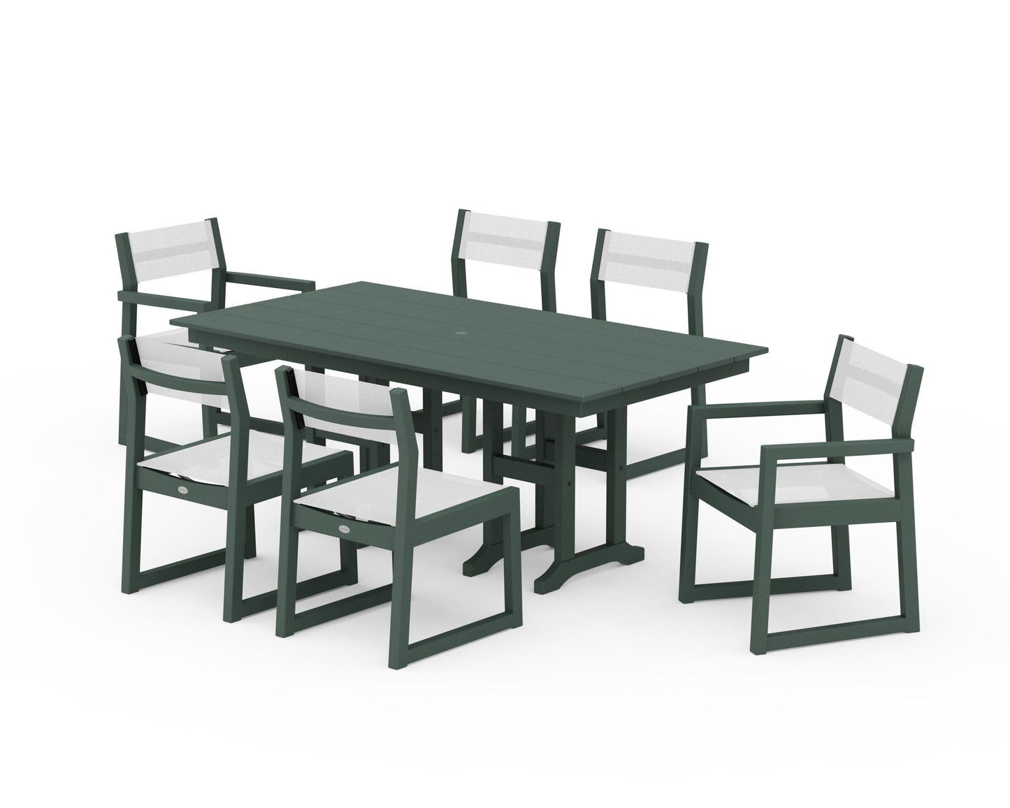 POLYWOOD EDGE Sling 7-Piece Farmhouse Dining Set — Green / White Sling