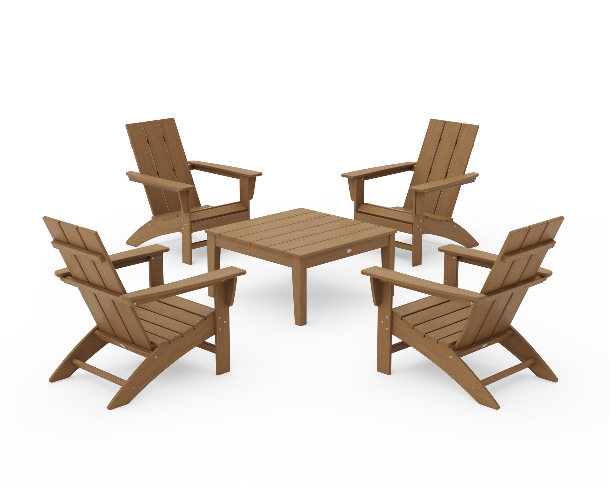 POLYWOOD 5-Piece Modern Adirondack Chair Conversation Set with 36" Conversation Table — Natural