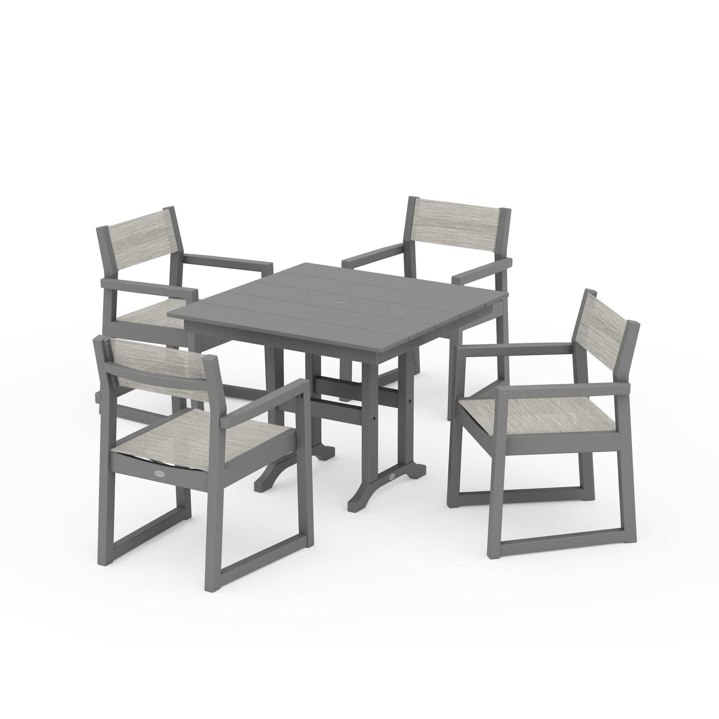 POLYWOOD EDGE Sling Arm Chair 5-Piece Farmhouse Dining Set — Slate Grey / Birch Sling