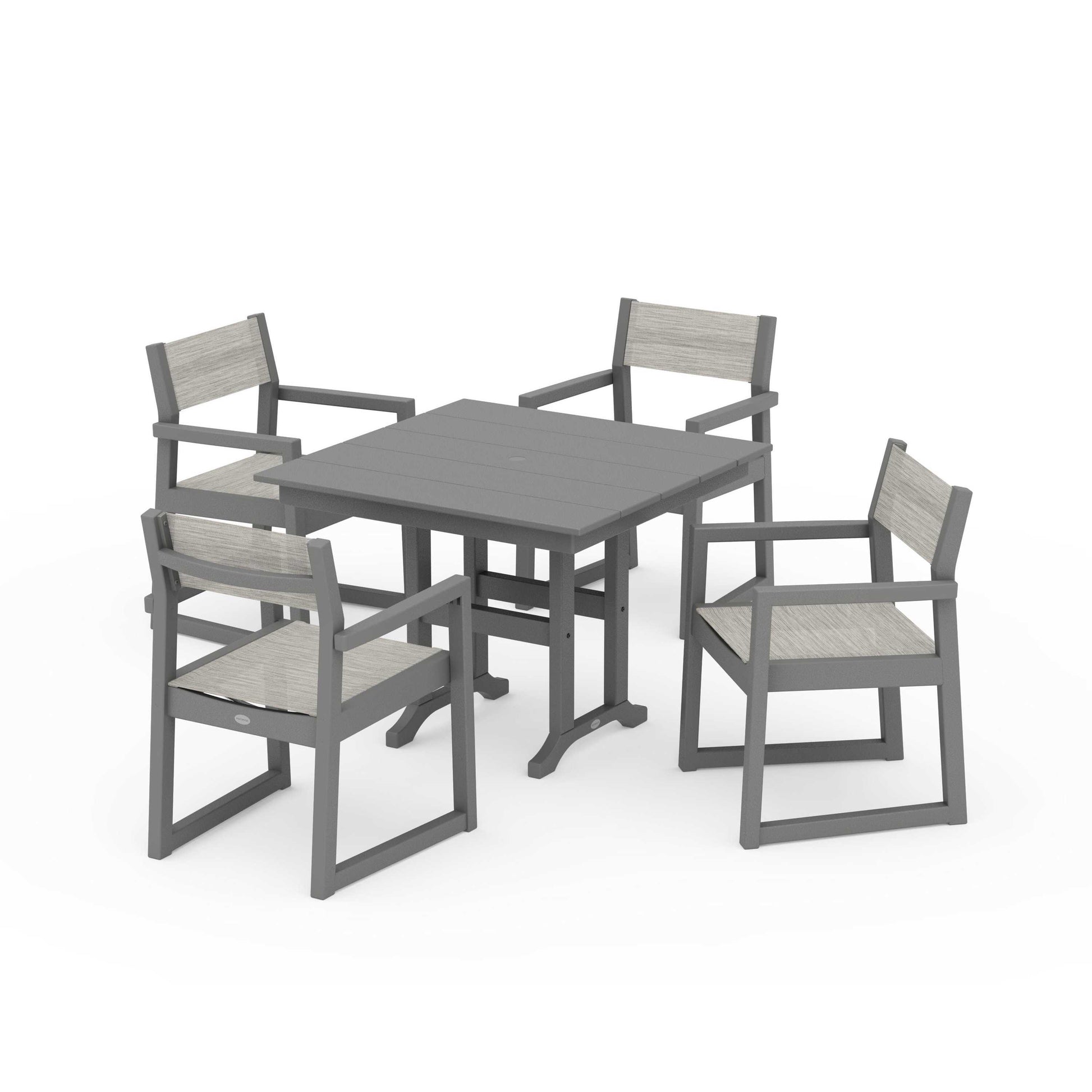 POLYWOOD EDGE Sling Arm Chair 5-Piece Farmhouse Dining Set — Slate Grey / Birch Sling
