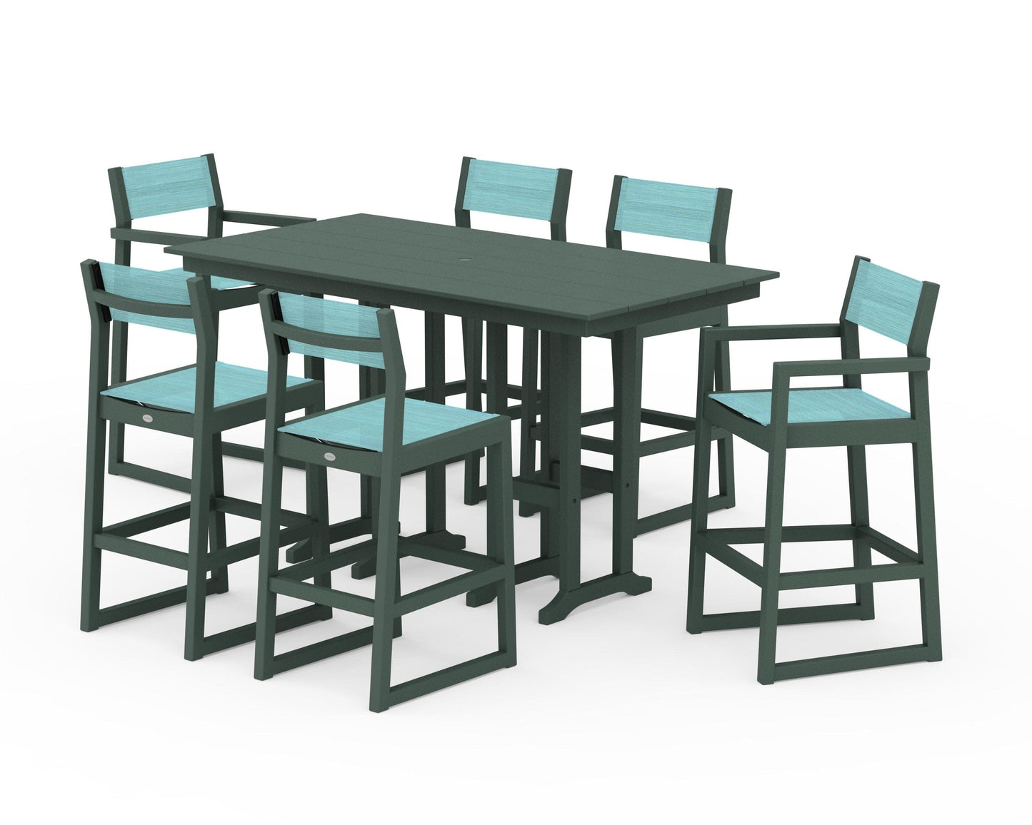 POLYWOOD EDGE Sling 7-Piece Farmhouse Bar Set — Green / Dupioni Aquamarine Sling