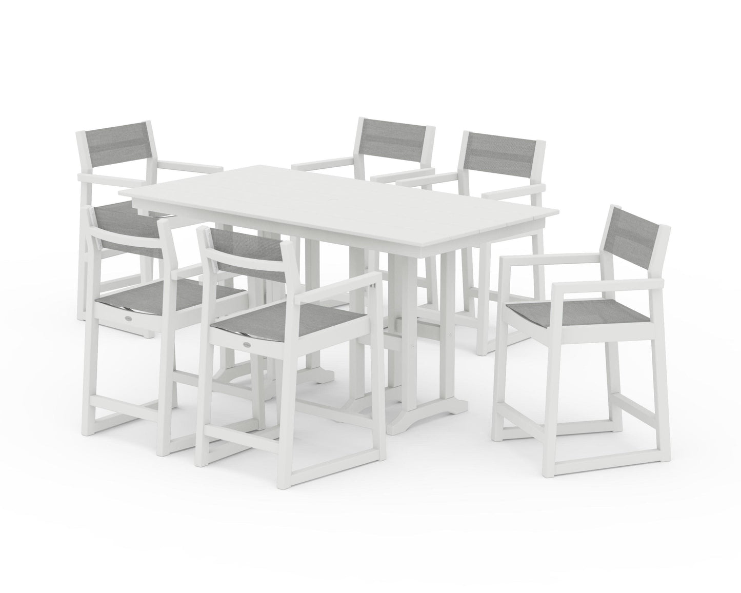 POLYWOOD EDGE Sling Arm Chair 7-Piece Farmhouse Counter Set — Vintage White / Metallic Sling