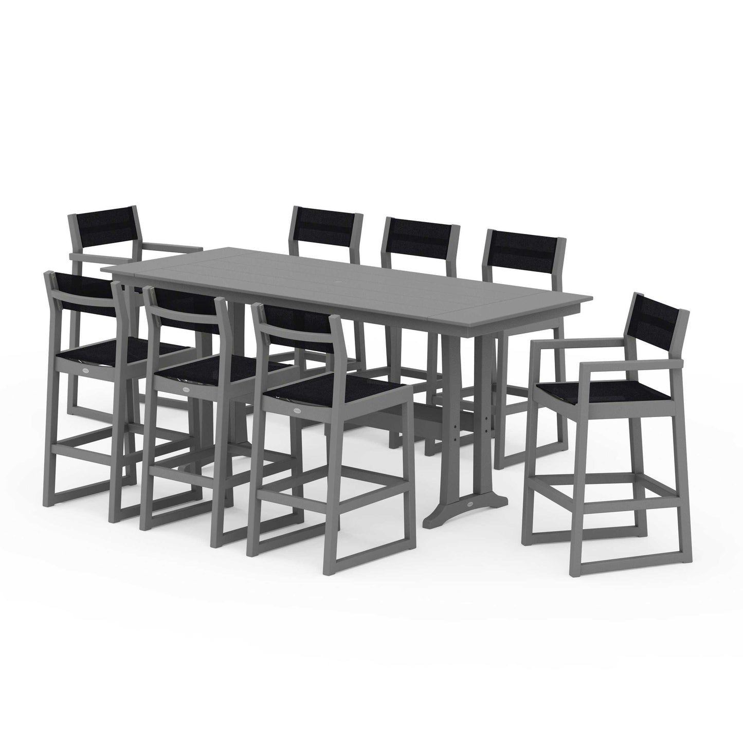 POLYWOOD EDGE Sling 9-Piece Farmhouse Bar Set with Trestle Legs — Slate Grey / Black Sling