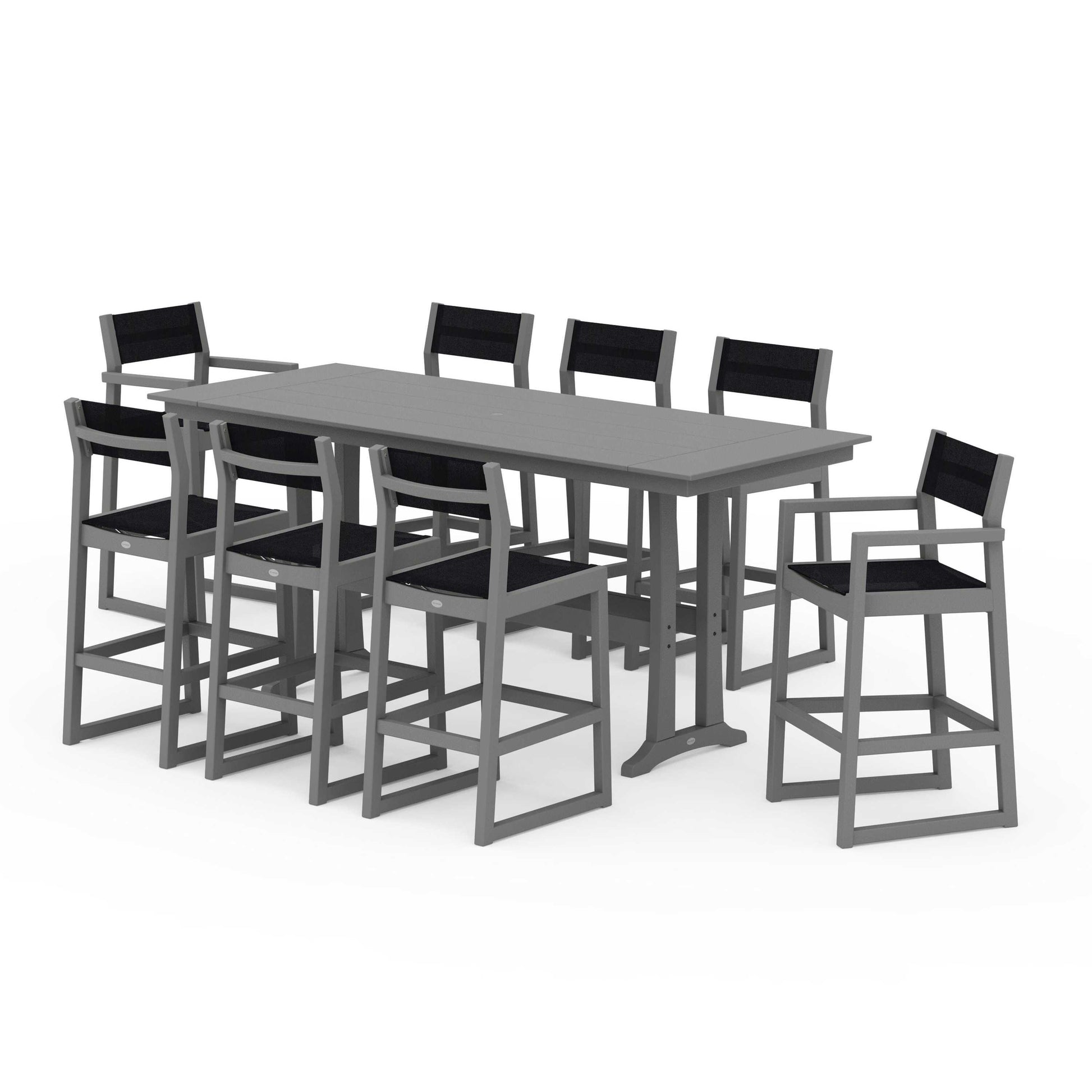 POLYWOOD EDGE Sling 9-Piece Farmhouse Bar Set with Trestle Legs — Slate Grey / Black Sling