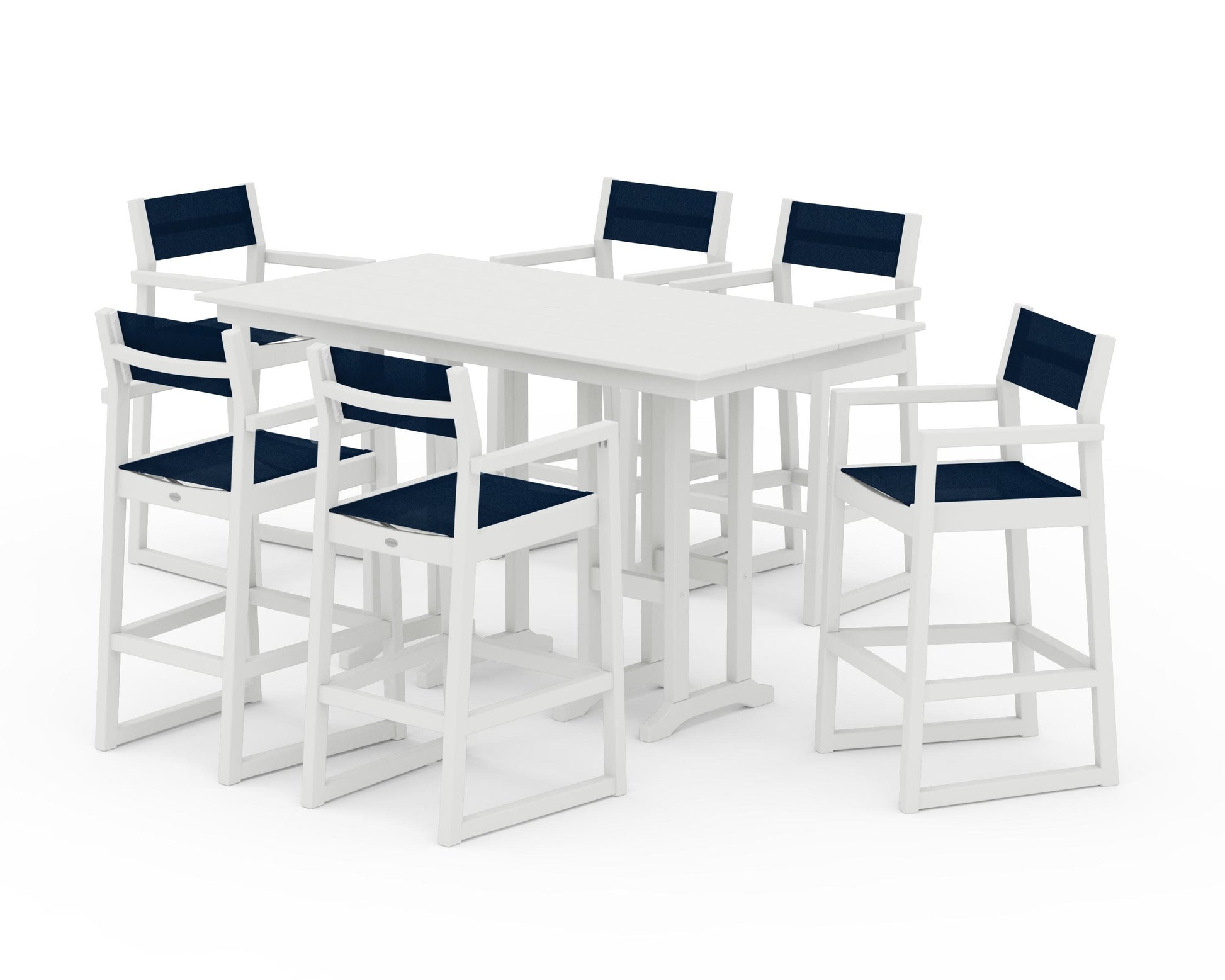 POLYWOOD EDGE Sling Arm Chair 7-Piece Farmhouse Bar Set — Vintage White / Navy Blue Sling