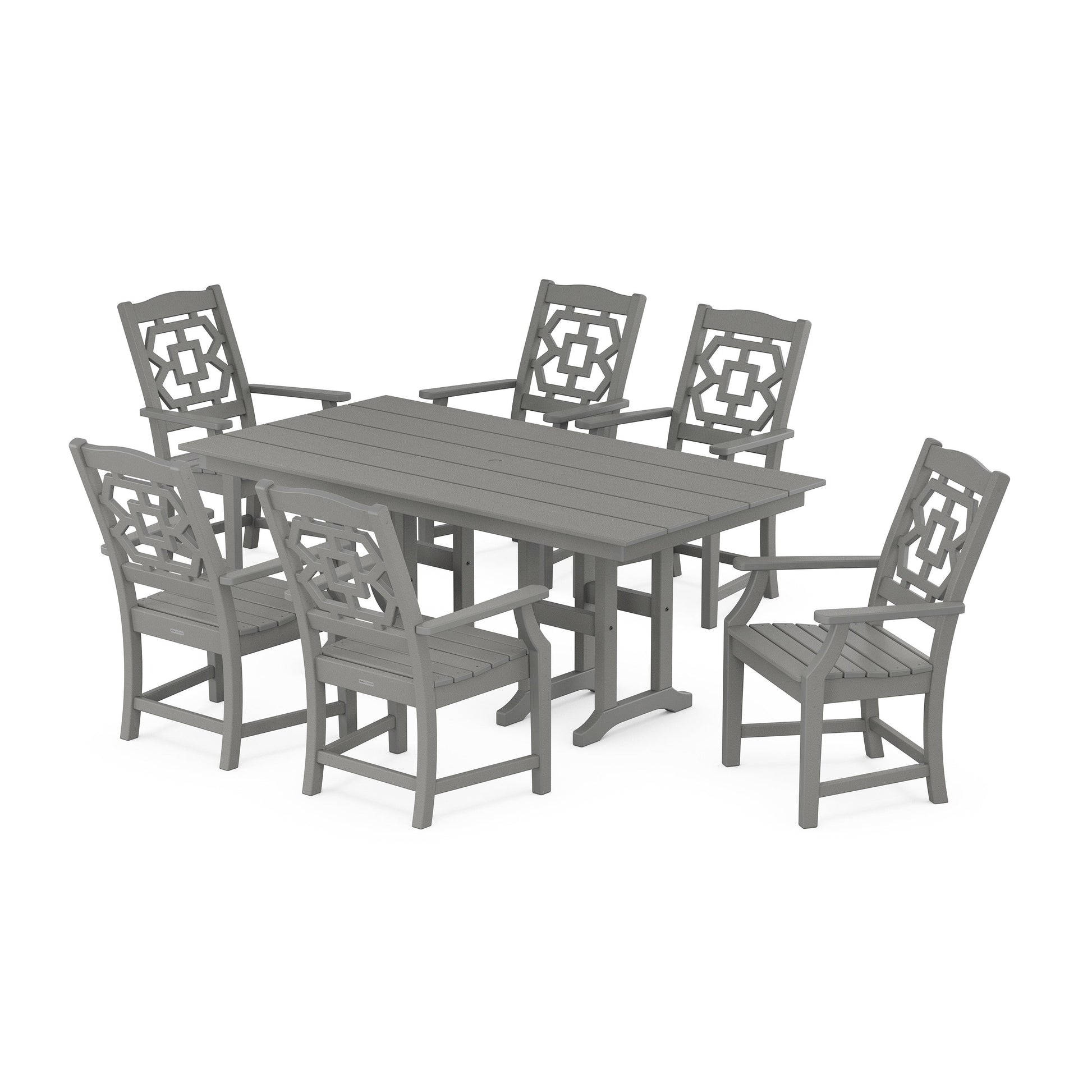 POLYWOOD Chinoiserie Arm Chair 7-Piece Farmhouse Dining Set — Slate Grey