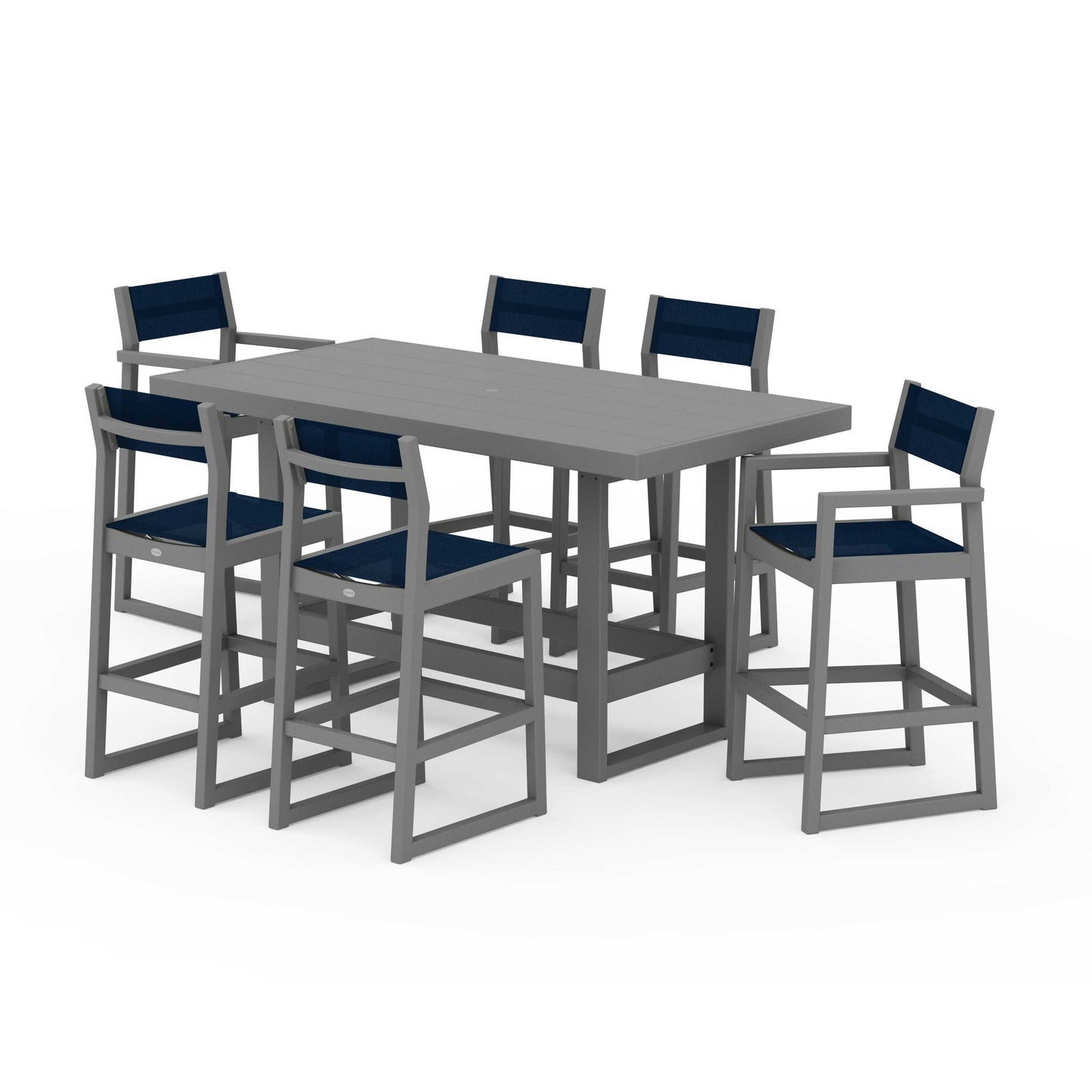 POLYWOOD EDGE Sling 7-Piece Bar Table Set — Slate Grey / Navy Blue Sling