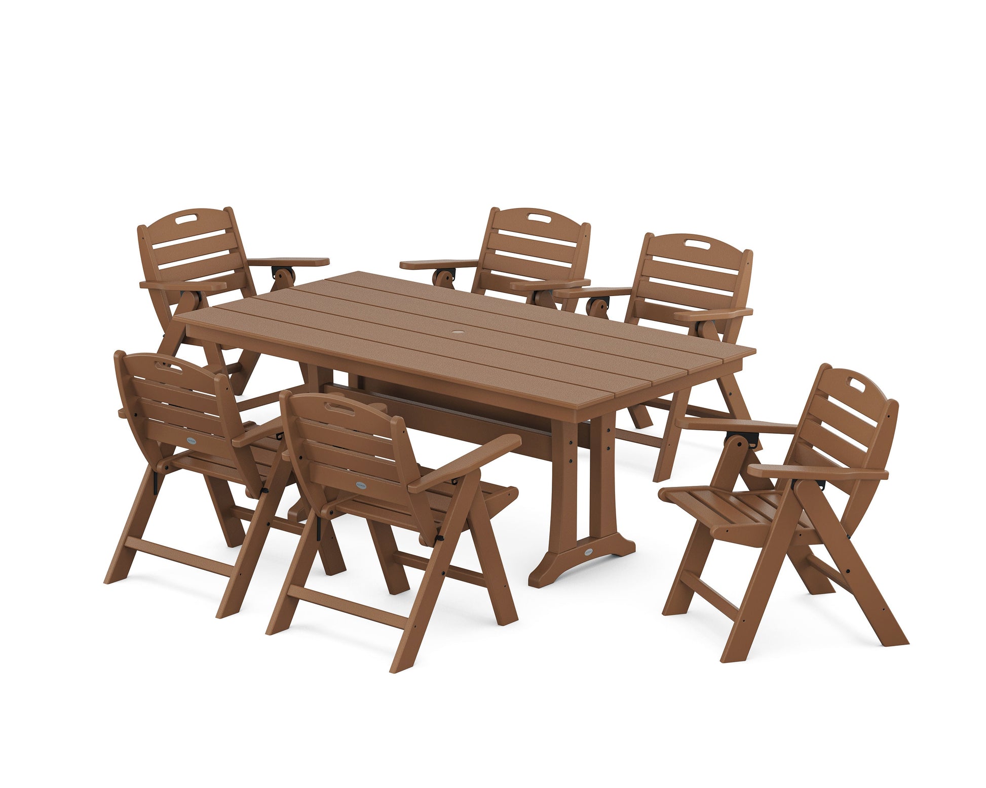 POLYWOOD Nautical Lowback 7-Piece Farmhouse Dining Set with Trestle Legs — Teak