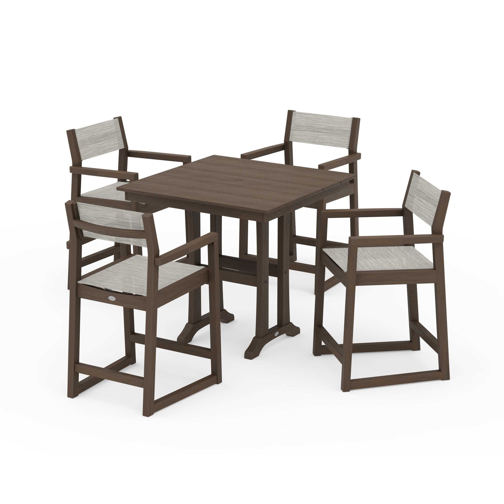 POLYWOOD EDGE Sling Arm Chair 5-Piece Farmhouse Counter Set with Trestle Legs — Kona / Birch Sling
