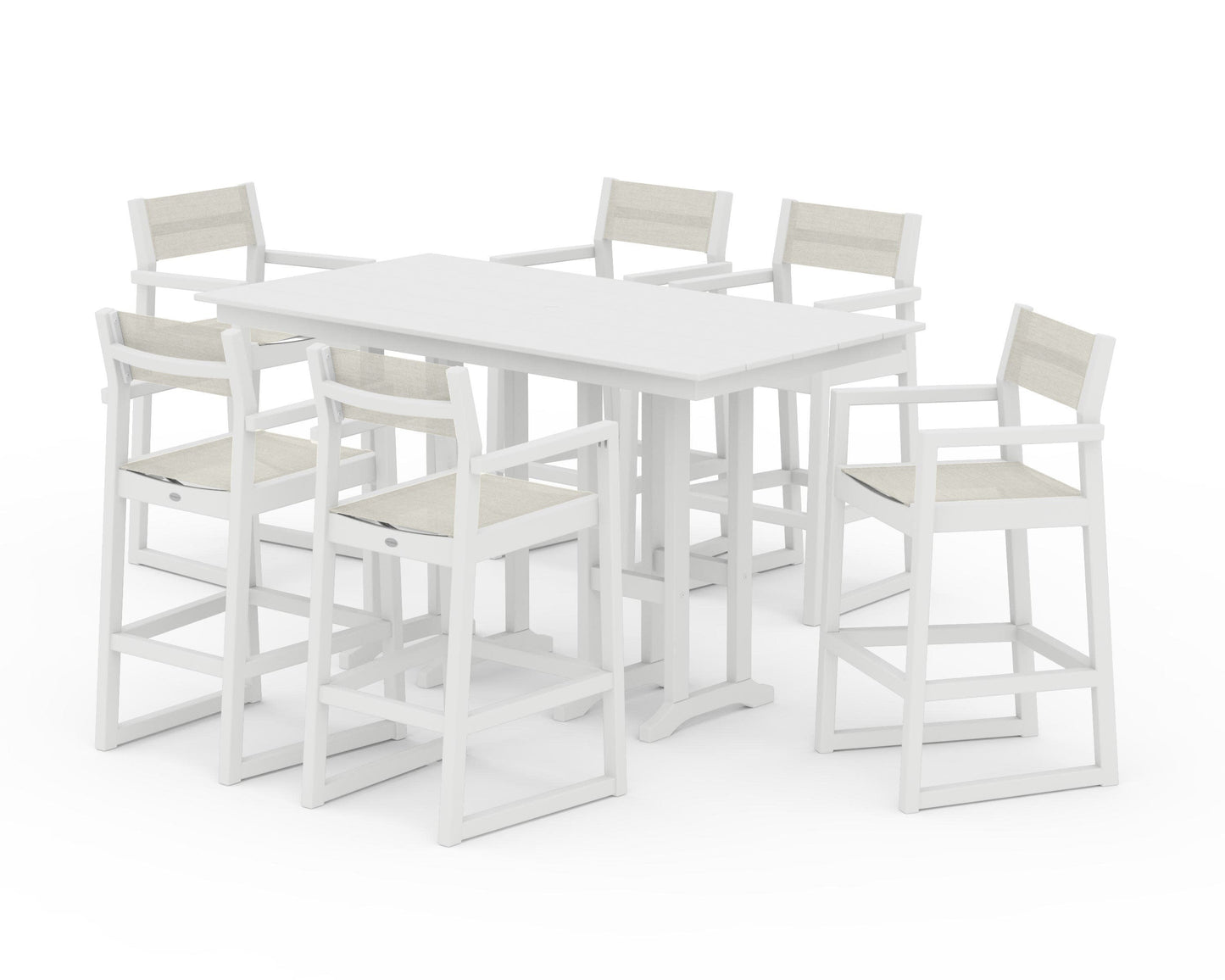 POLYWOOD EDGE Sling Arm Chair 7-Piece Farmhouse Bar Set — White / Parchment Sling