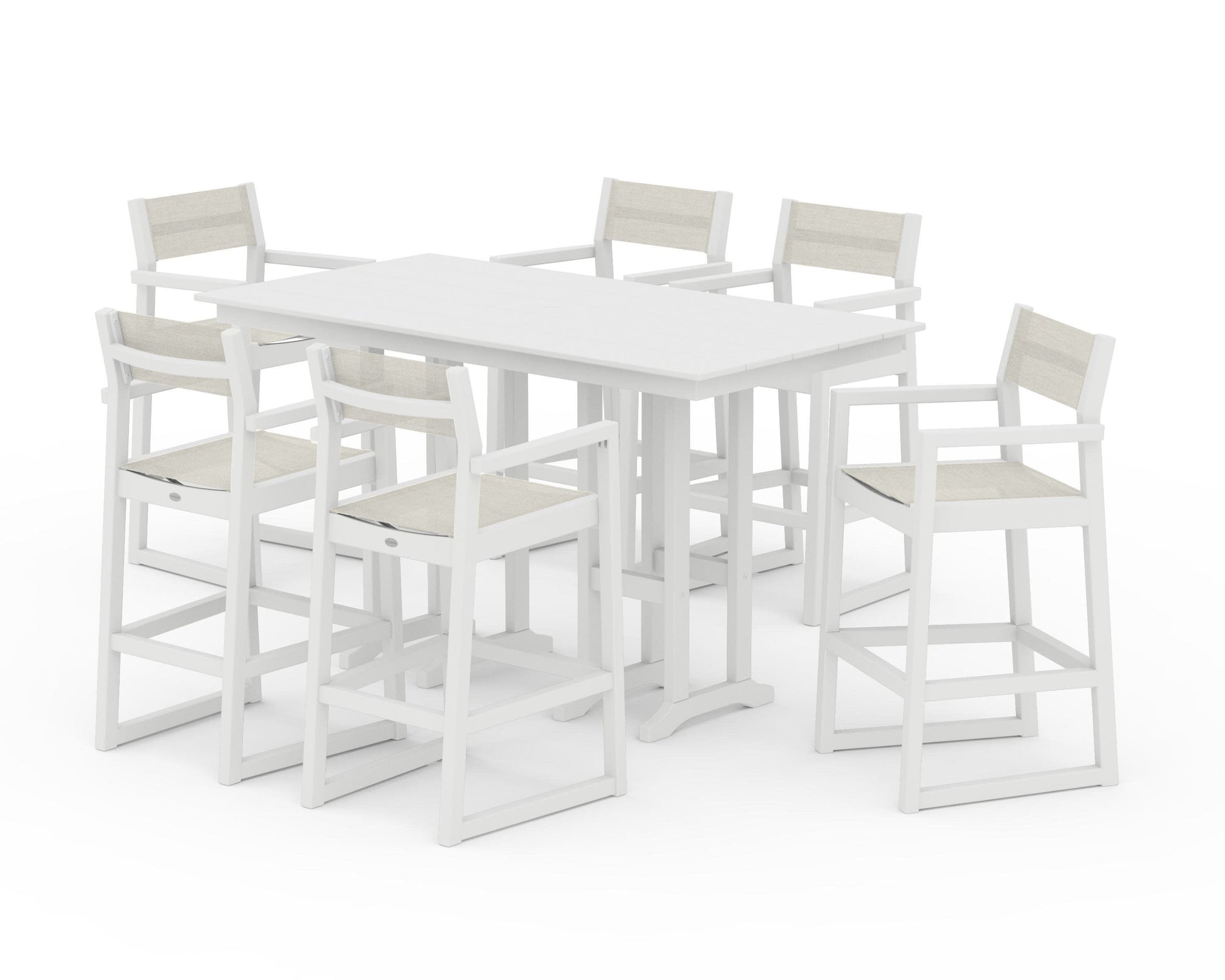 POLYWOOD EDGE Sling Arm Chair 7-Piece Farmhouse Bar Set — White / Parchment Sling