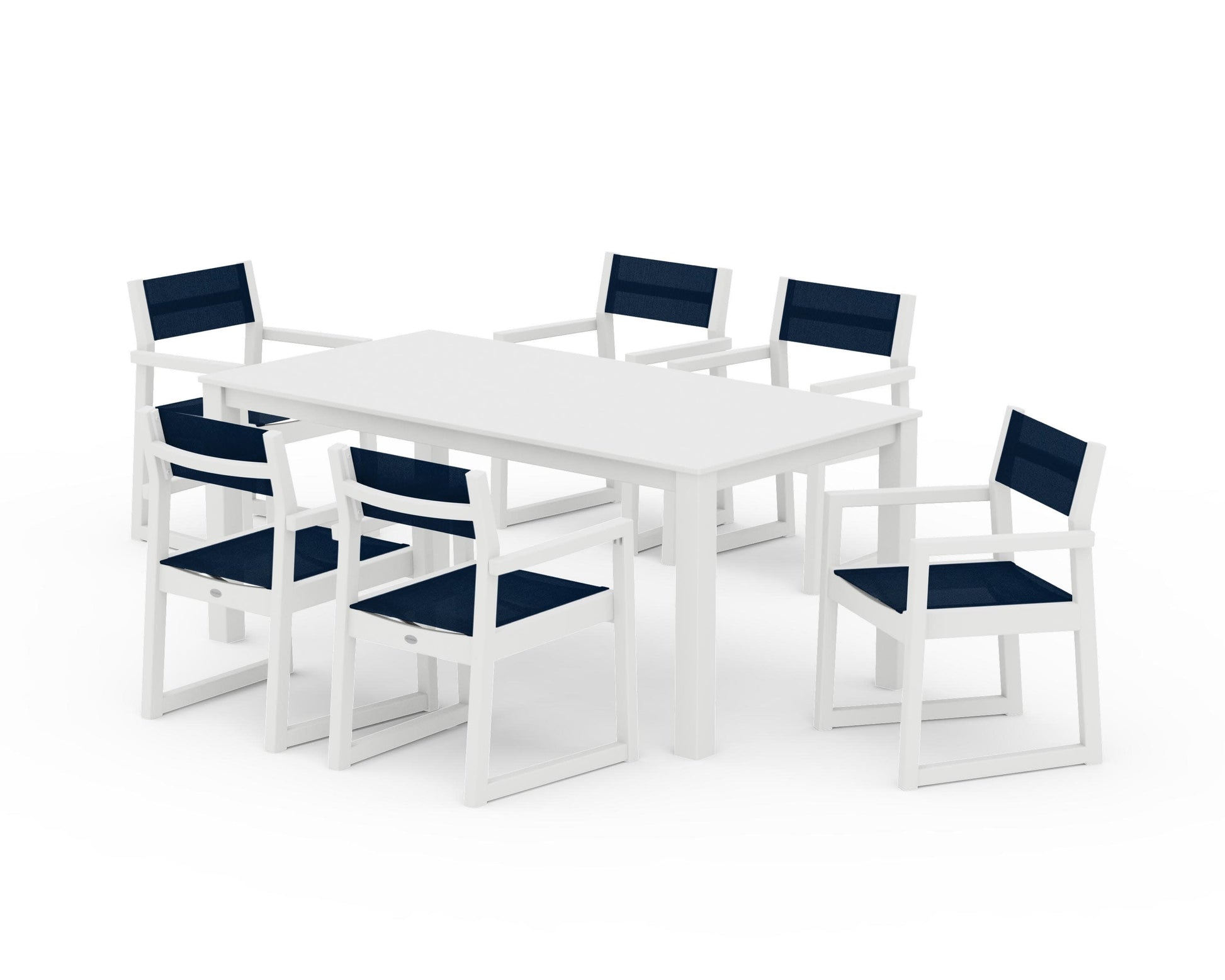 POLYWOOD EDGE Sling Arm Chair 7-Piece Parsons Dining Set — White / Navy Blue Sling