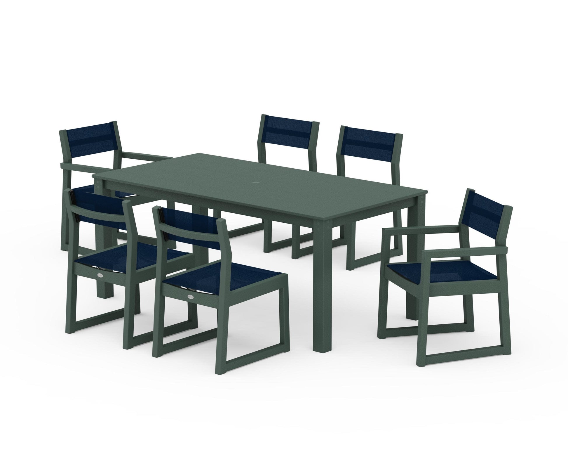 POLYWOOD EDGE Sling 7-Piece Parsons Dining Set — Green / Navy Blue Sling
