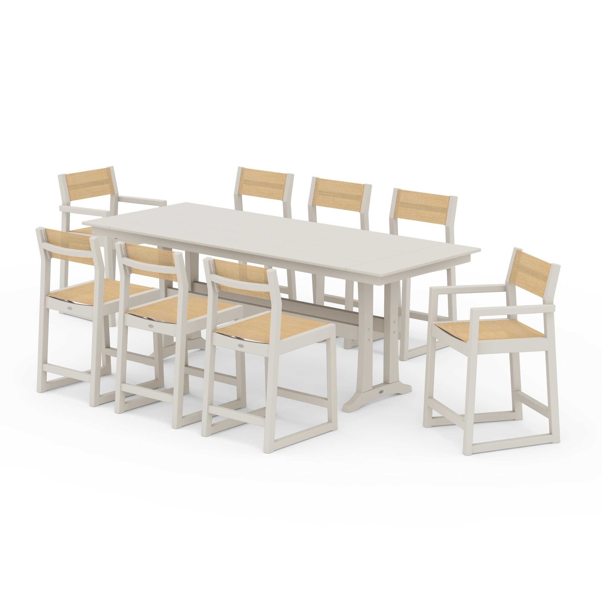 POLYWOOD EDGE Sling 9-Piece Farmhouse Counter Set with Trestle Legs — Sand / Dupioni Apricot Sling