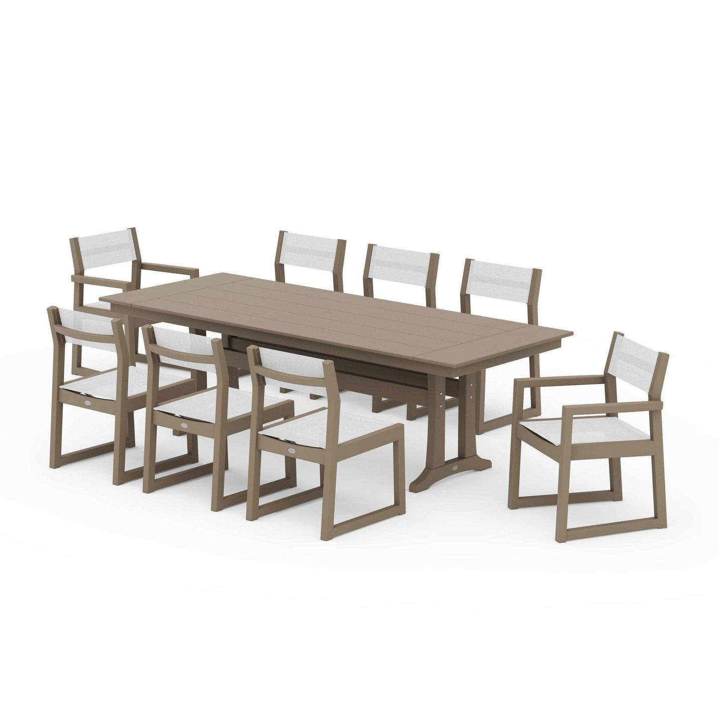 POLYWOOD EDGE Sling 9-Piece Farmhouse Trestle Dining Set — Vintage Sahara / White Sling