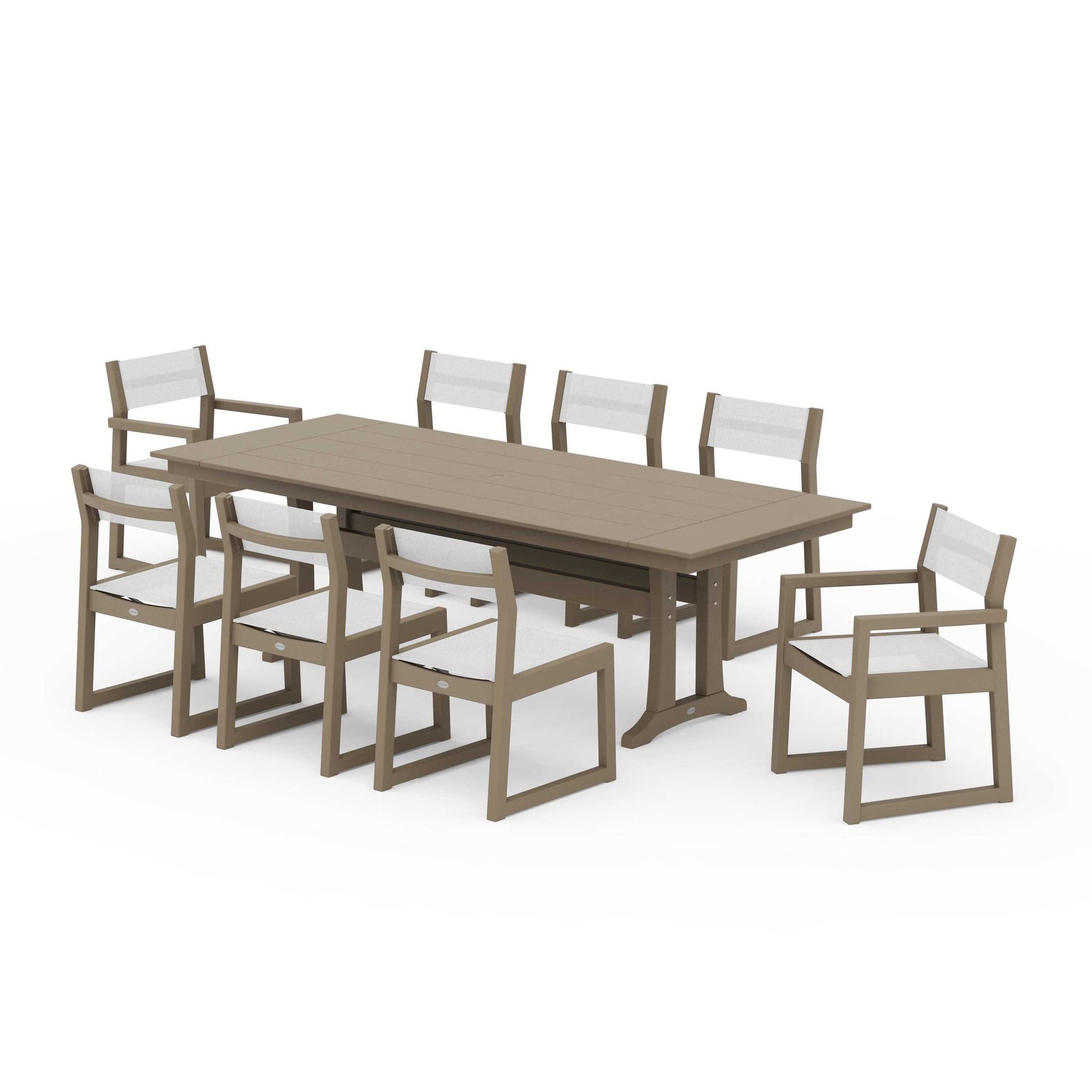 POLYWOOD EDGE Sling 9-Piece Farmhouse Trestle Dining Set — Vintage Sahara / White Sling