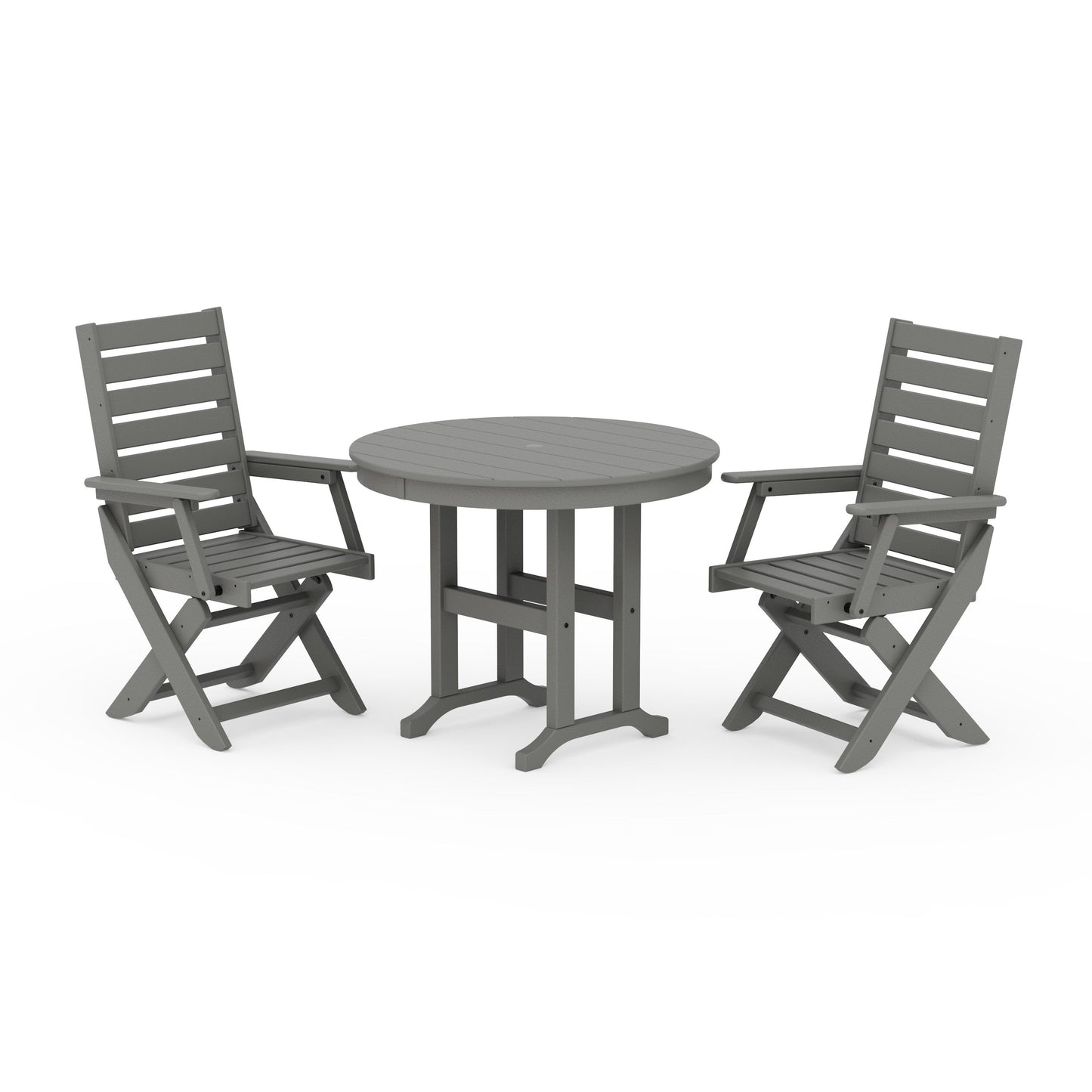 POLYWOOD Captain Folding Chair 3-Piece Round Dining Set — Slate Grey