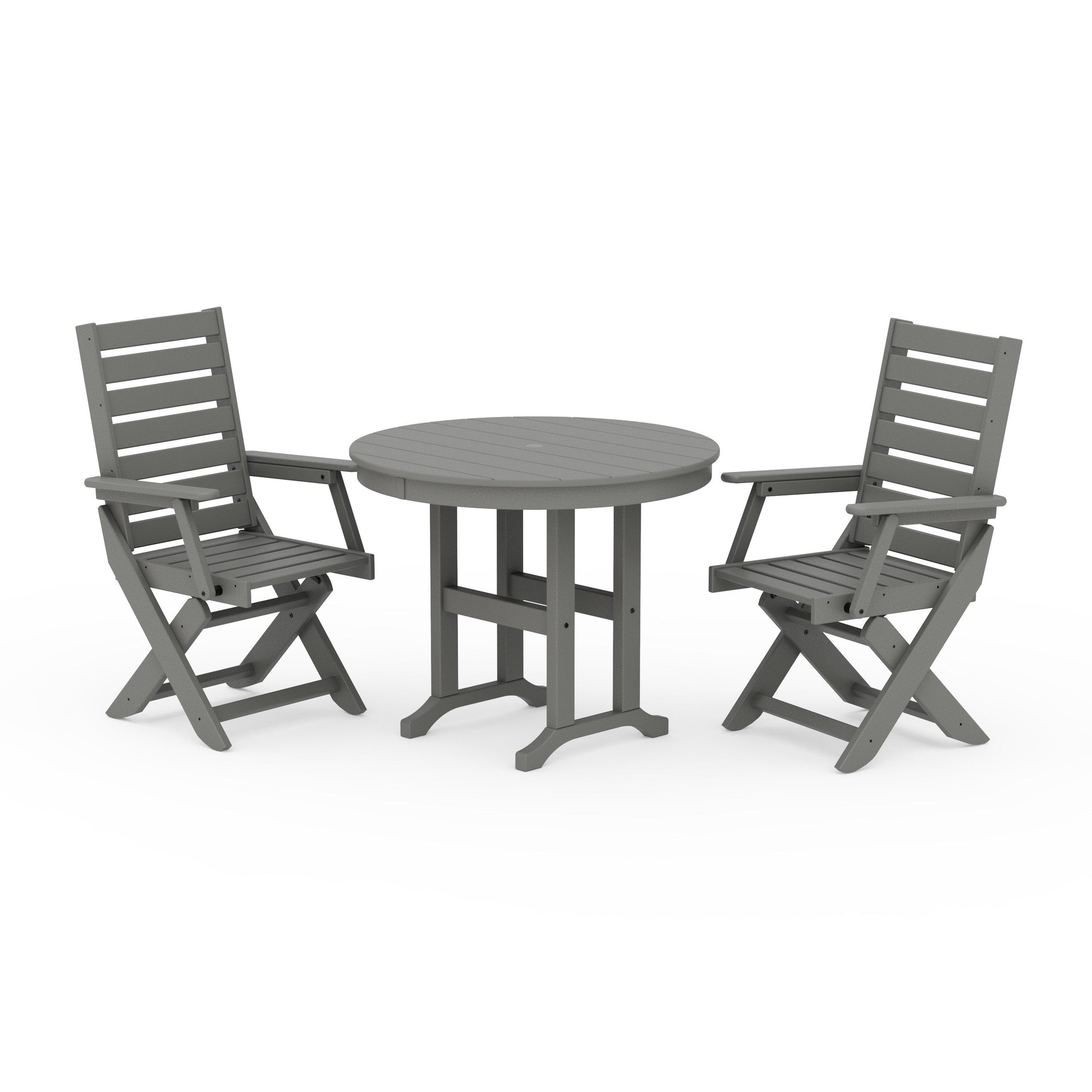 POLYWOOD Captain Folding Chair 3-Piece Round Dining Set — Slate Grey