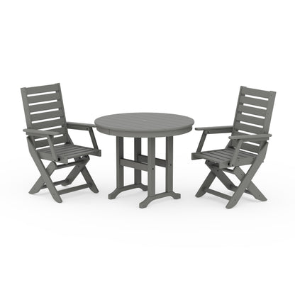 POLYWOOD Captain Folding Chair 3-Piece Round Dining Set — Slate Grey