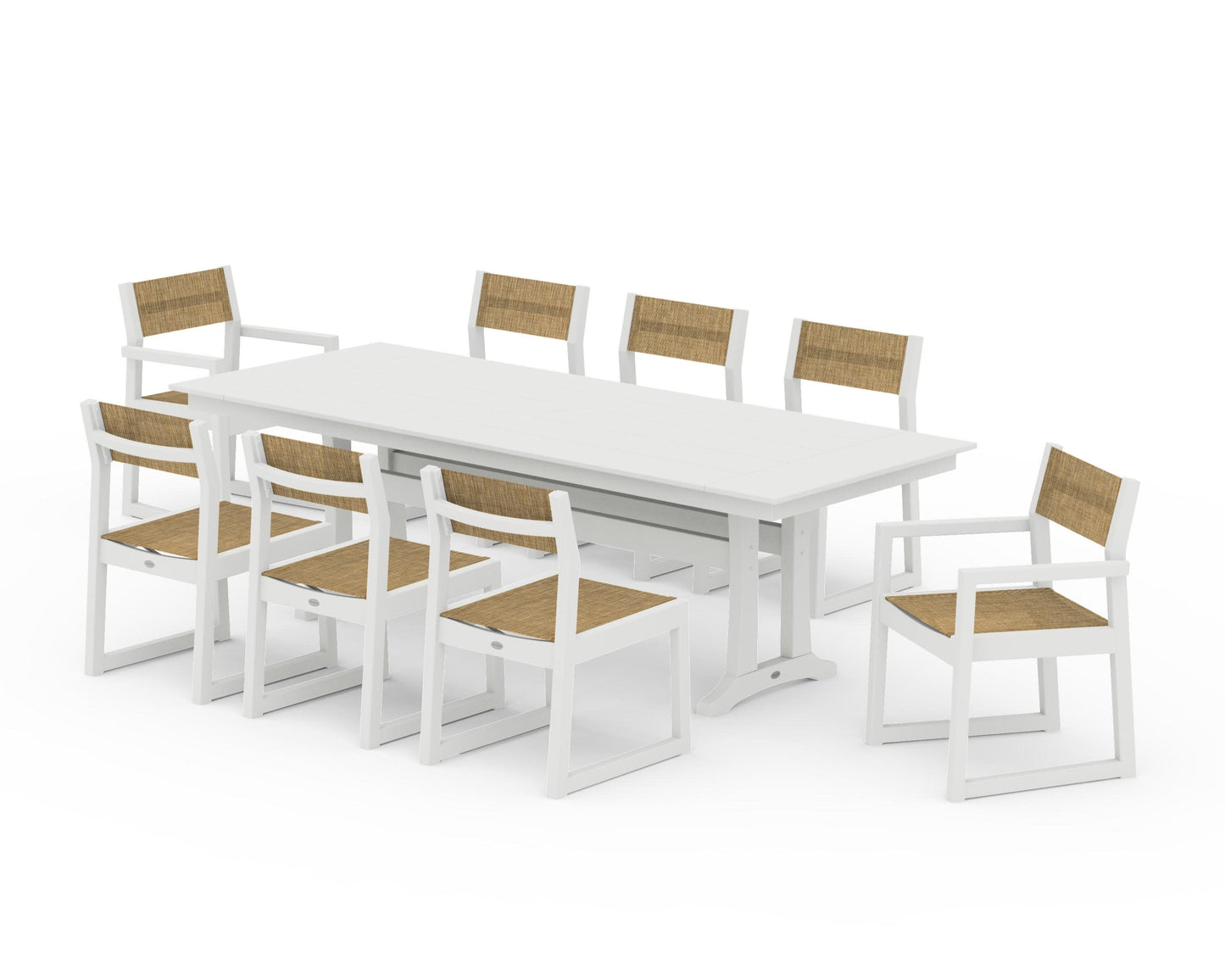 POLYWOOD EDGE Sling 9-Piece Farmhouse Trestle Dining Set — Vintage White / Burlap Sling