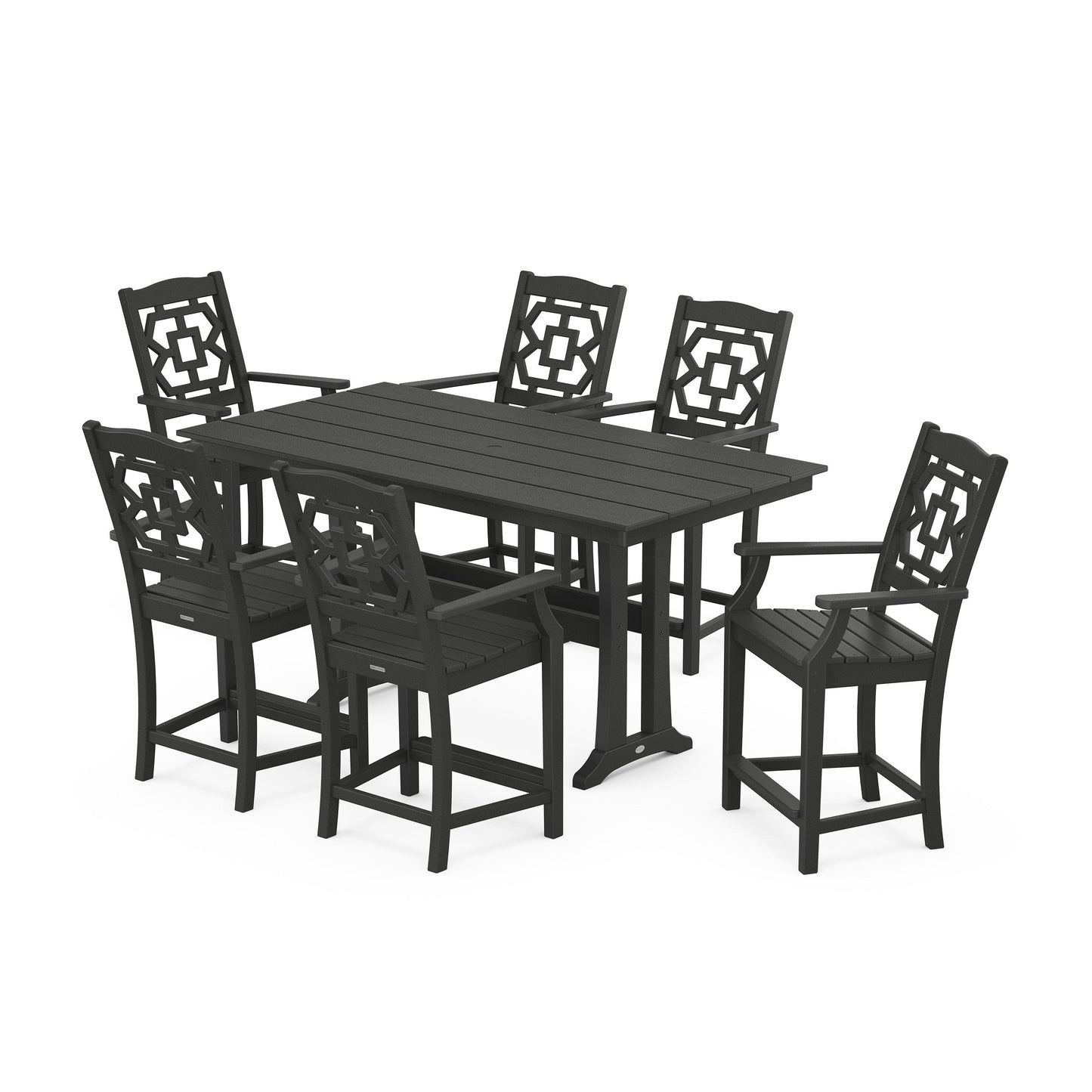 POLYWOOD Chinoiserie Arm Chair 7-Piece Farmhouse Counter Set with Trestle Legs — Black