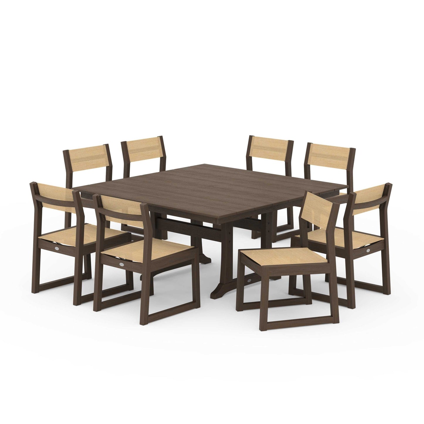 POLYWOOD EDGE Sling Side Chair 9-Piece Farmhouse Trestle Dining Set — Kona / Dupioni Apricot Sling