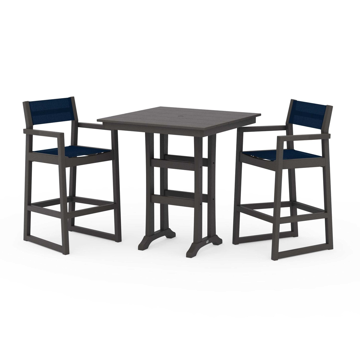 POLYWOOD EDGE Sling Arm Chair 3-Piece Farmhouse Bar Set with Trestle Legs — Vintage Coffee / Navy Blue Sling
