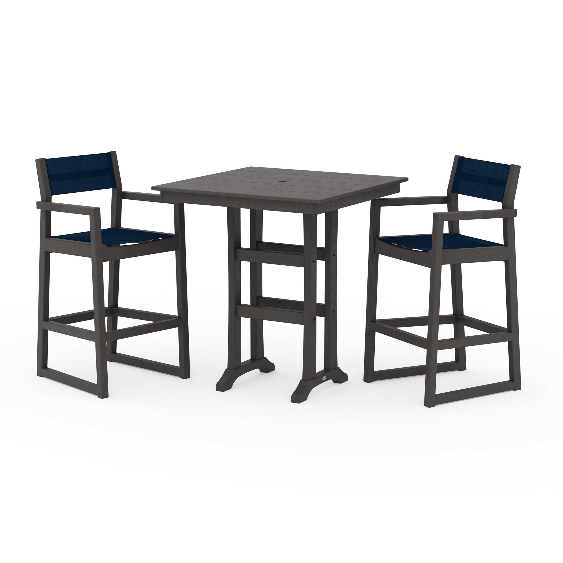 POLYWOOD EDGE Sling Arm Chair 3-Piece Farmhouse Bar Set with Trestle Legs — Vintage Coffee / Navy Blue Sling