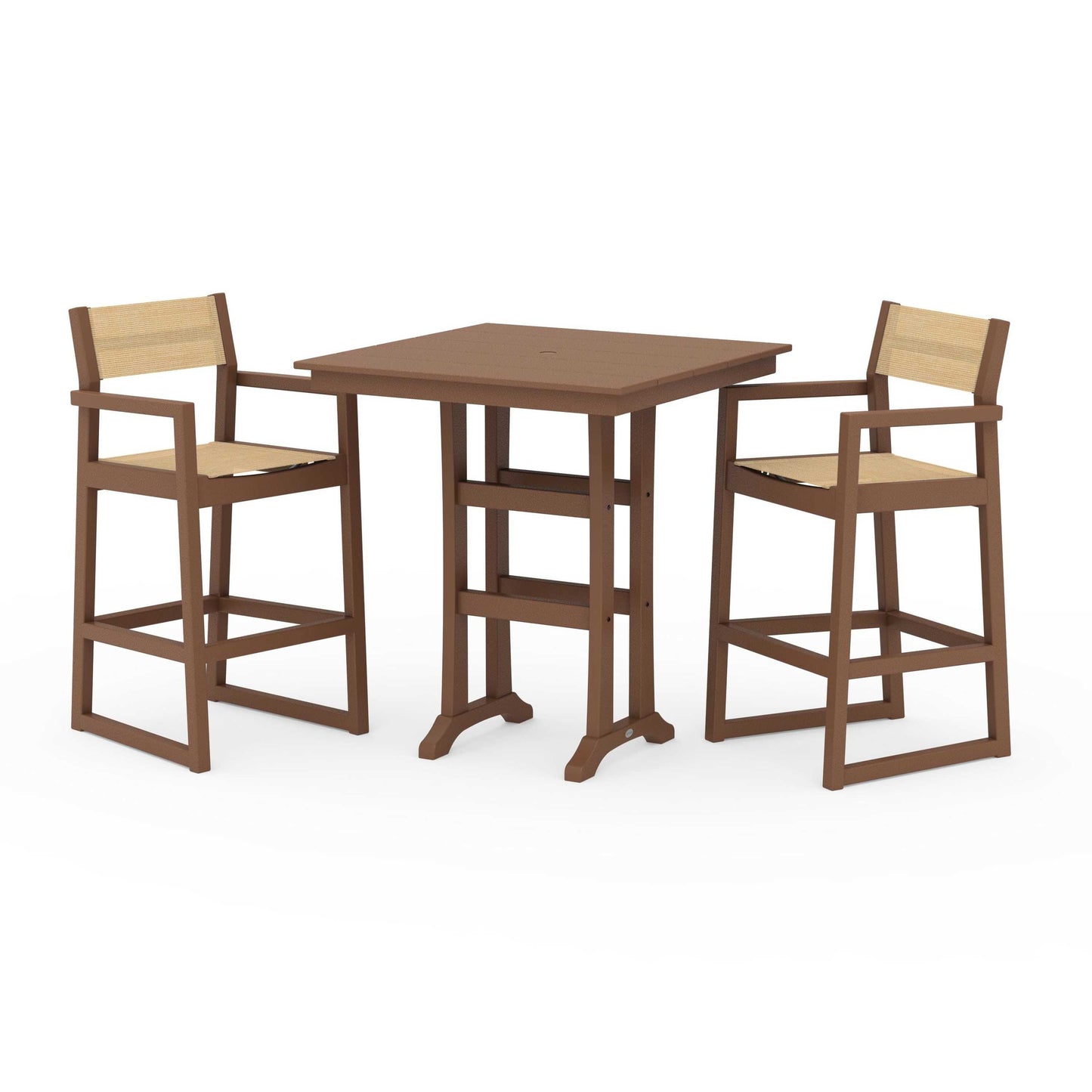 POLYWOOD EDGE Sling Arm Chair 3-Piece Farmhouse Bar Set with Trestle Legs — Teak / Dupioni Apricot Sling