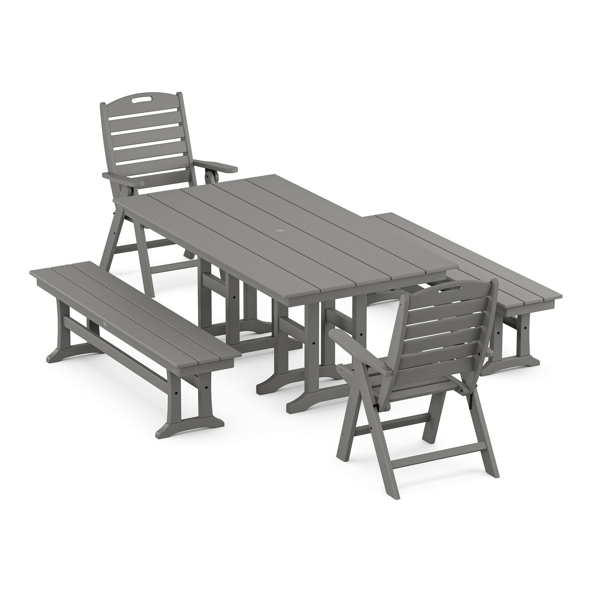 POLYWOOD Nautical Highback 5-Piece Farmhouse Dining Set with Benches — Slate Grey