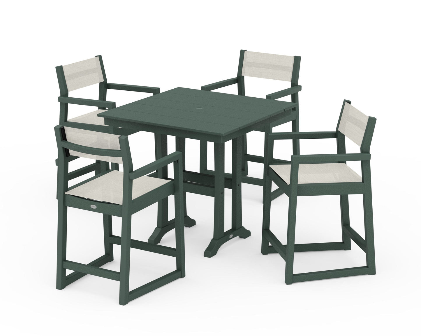 POLYWOOD EDGE Sling Arm Chair 5-Piece Farmhouse Counter Set with Trestle Legs — Green / Parchment Sling