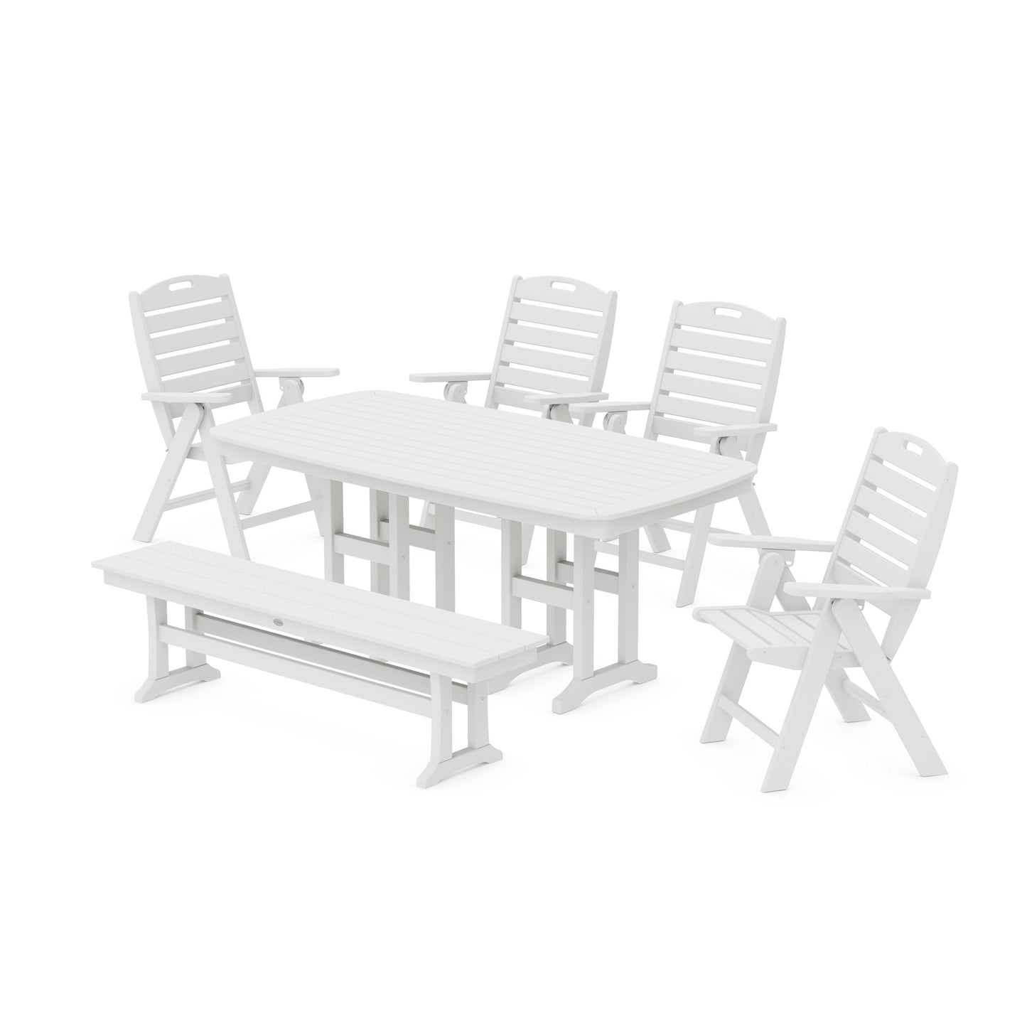 POLYWOOD Nautical Highback 6-Piece Dining Set with Bench — White