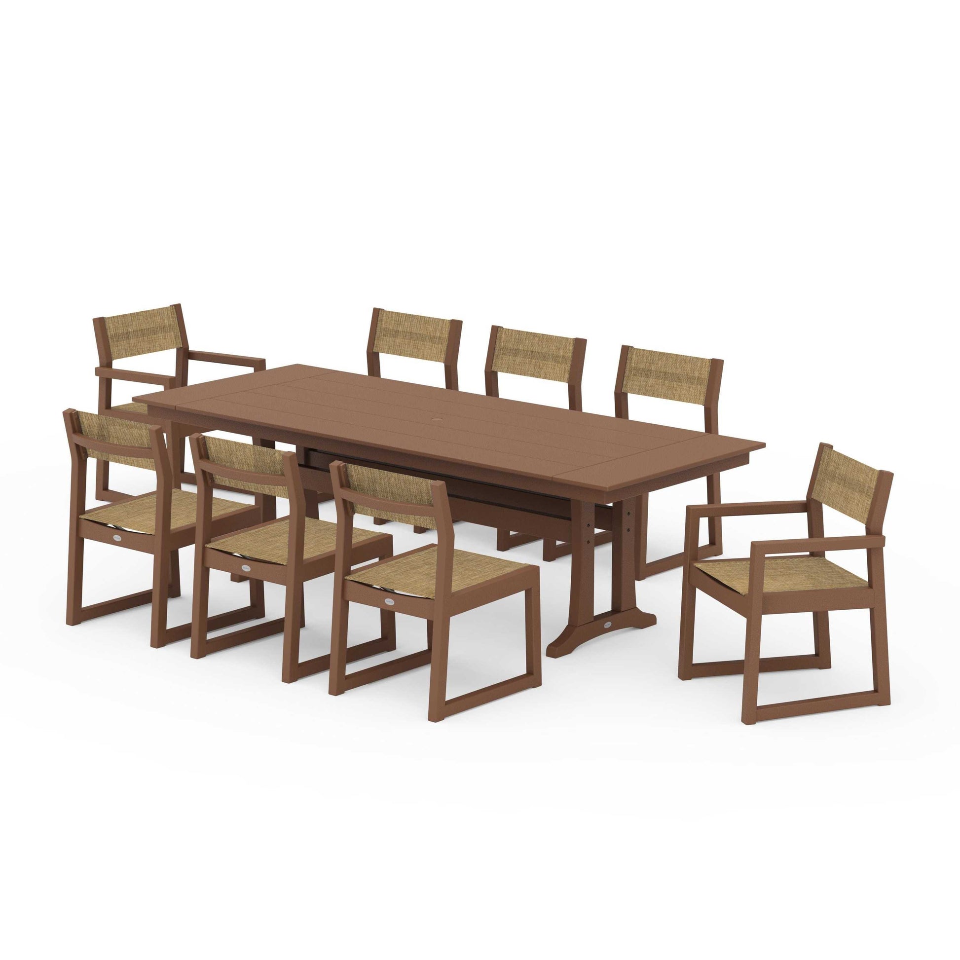 POLYWOOD EDGE Sling 9-Piece Farmhouse Trestle Dining Set — Teak / Burlap Sling