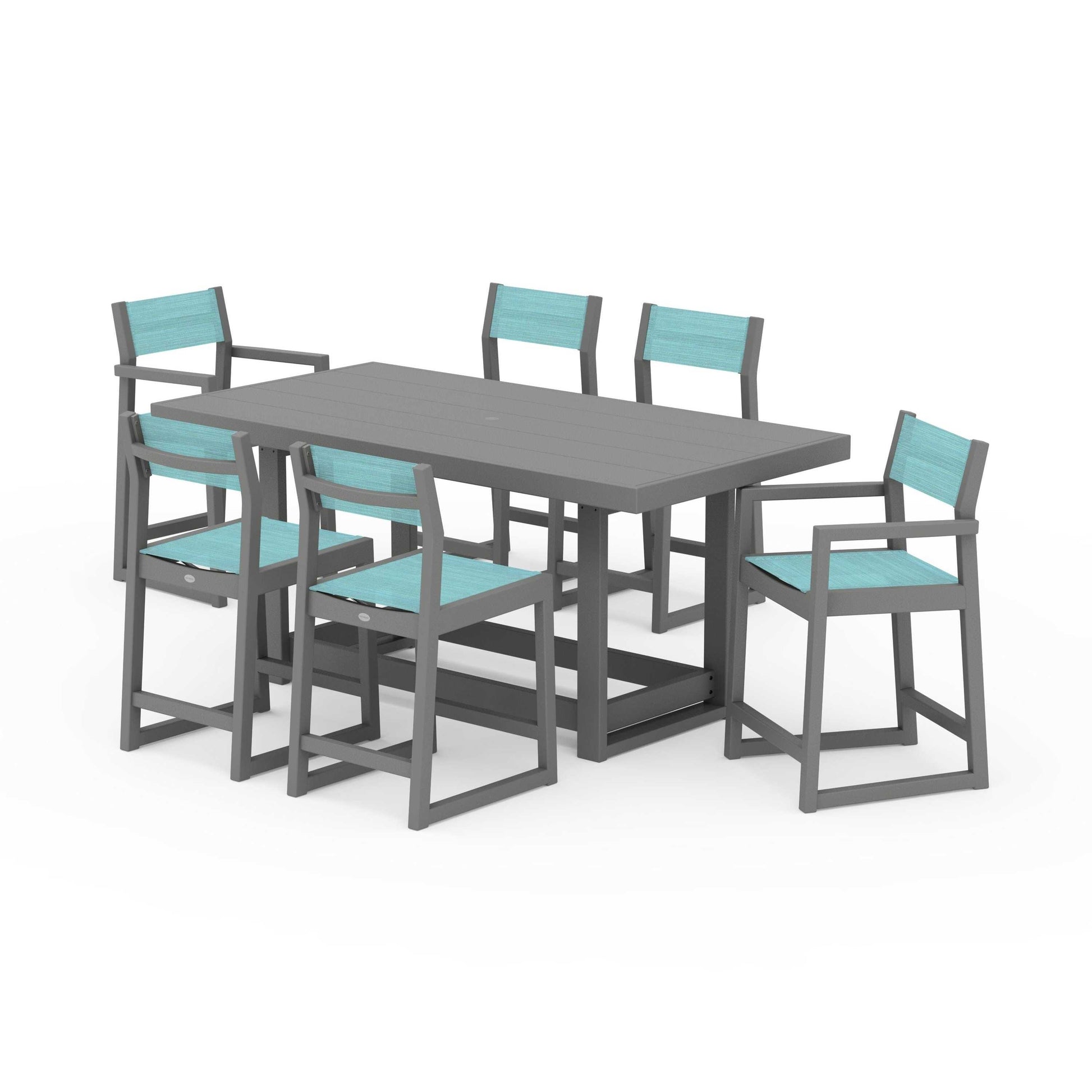 POLYWOOD EDGE Sling 7-Piece Counter Table Set — Slate Grey / Dupioni Aquamarine Sling