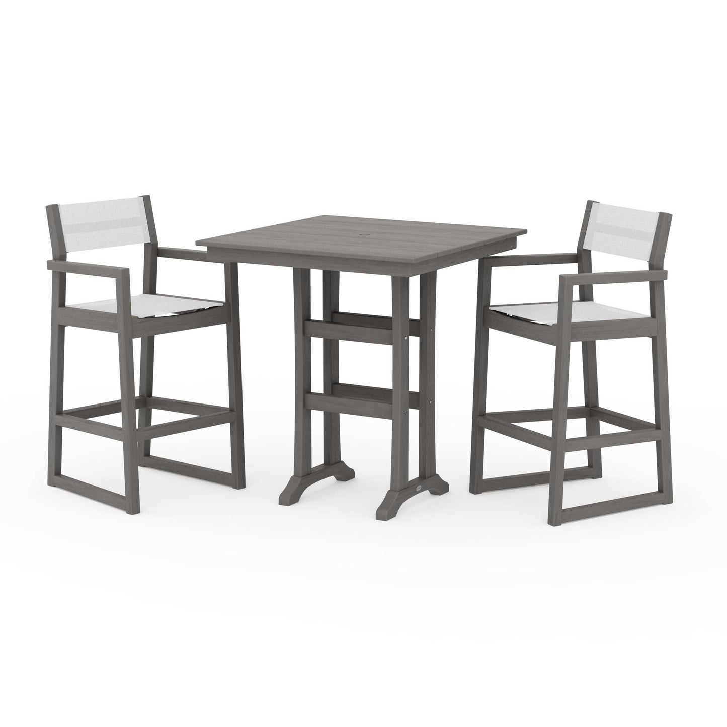 POLYWOOD EDGE Sling Arm Chair 3-Piece Farmhouse Bar Set with Trestle Legs — Driftwood / White Sling